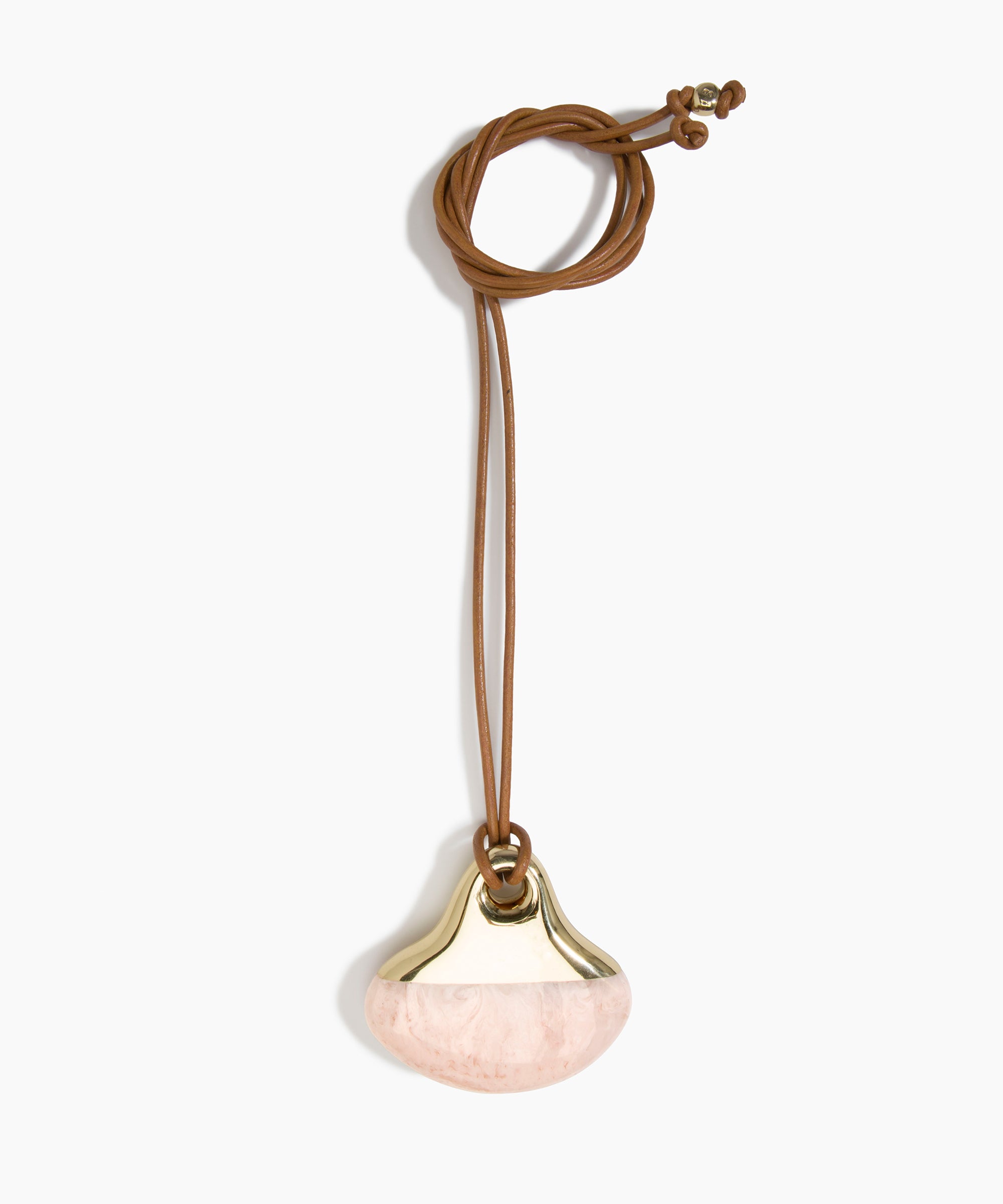 Dinosaur Designs Large Polished Lotus Pendant on Leather in Rose Swirl with Brass hardware — marbled dusty pink resin half-crescent pendant with polished brass setting on an adjustable tan leather cord