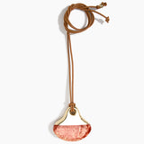 Dinosaur Designs Large Polished Lotus Pendant on Leather in Rust with Brass hardware — marbled brown-red and cream resin half-crescent pendant with polished brass setting on an adjustable tan leather cord