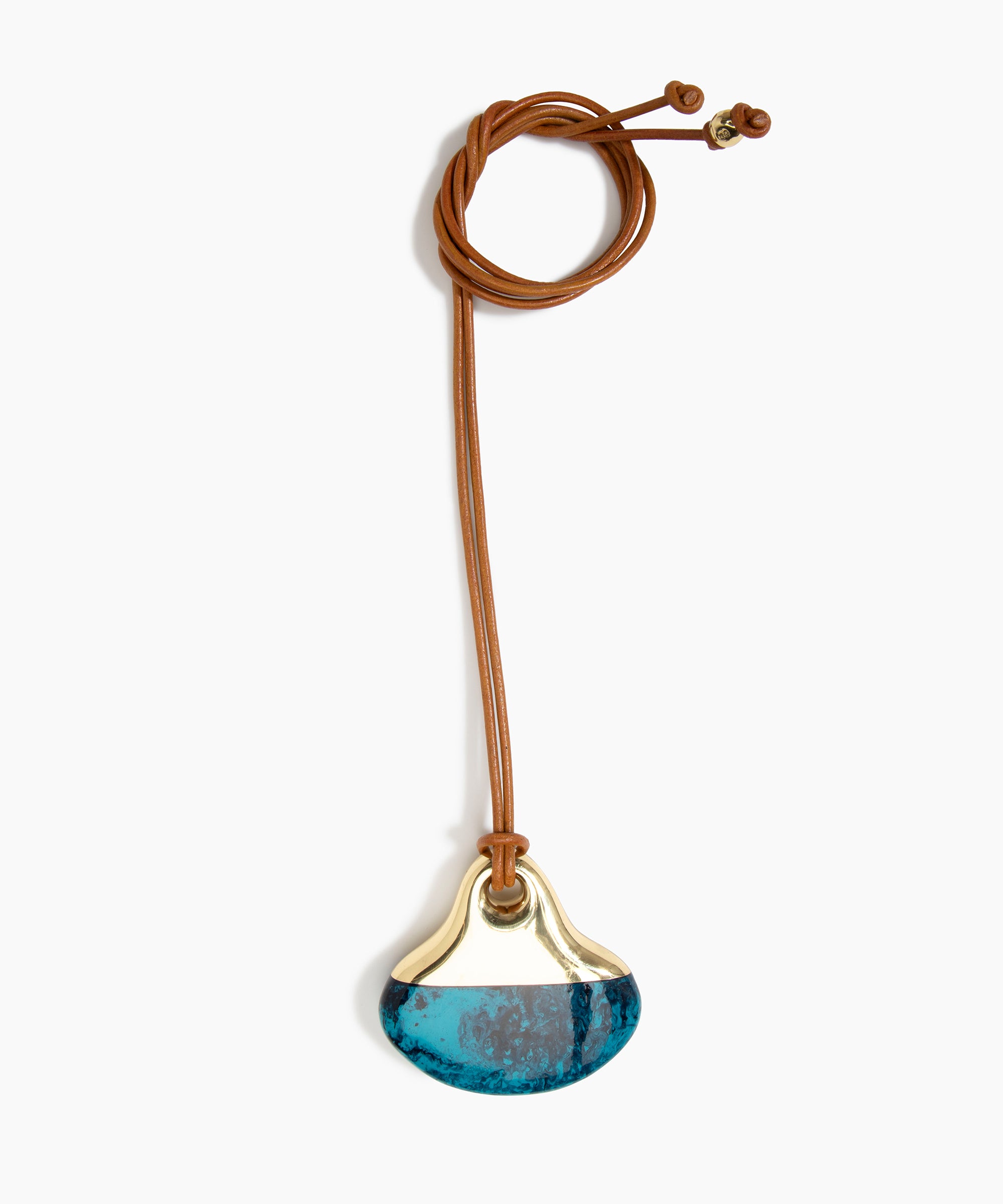 Dinosaur Designs Large Polished Lotus Pendant on Leather in Turquoise with Brass hardware — marbled teal blue resin half-crescent pendant with polished brass setting on an adjustable tan leather cord