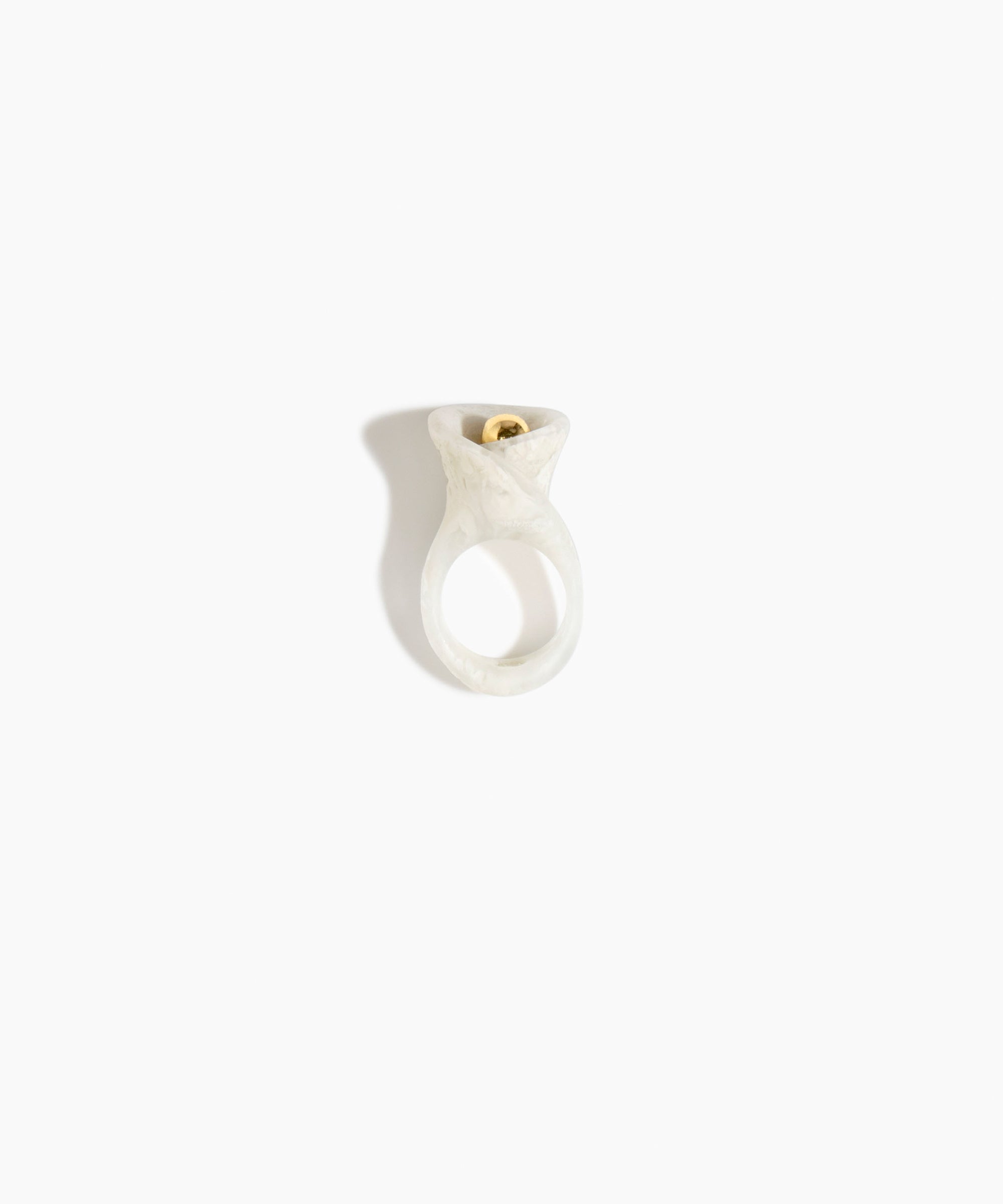 Dinosaur Designs Long Lily Ring in Chalk Swirl — handcrafted marbled off-white resin ring with sculptural swirled flower and brass bead