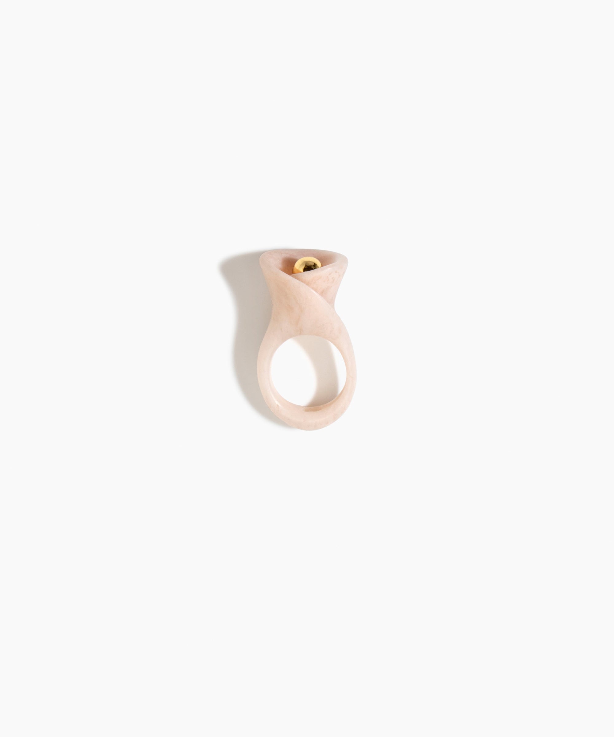 Dinosaur Designs Long Lily Ring in Rose Swirl — handcrafted marbled dusty pink resin ring with sculptural swirled flower and brass bead