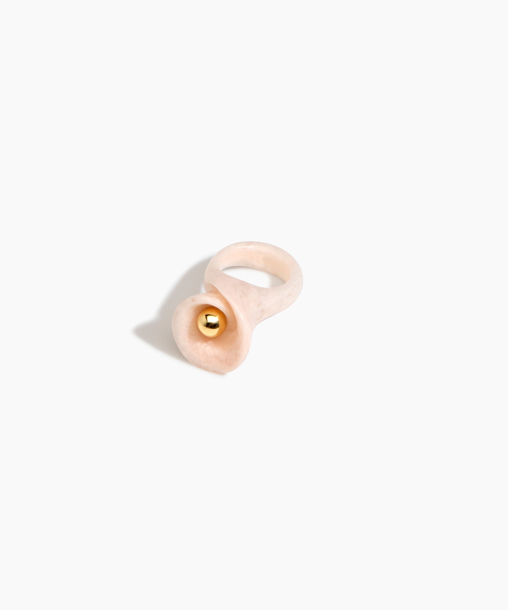 Dinosaur Designs Long Lily Ring in Rose Swirl — handcrafted marbled dusty pink resin ring with sculptural swirled flower and brass bead