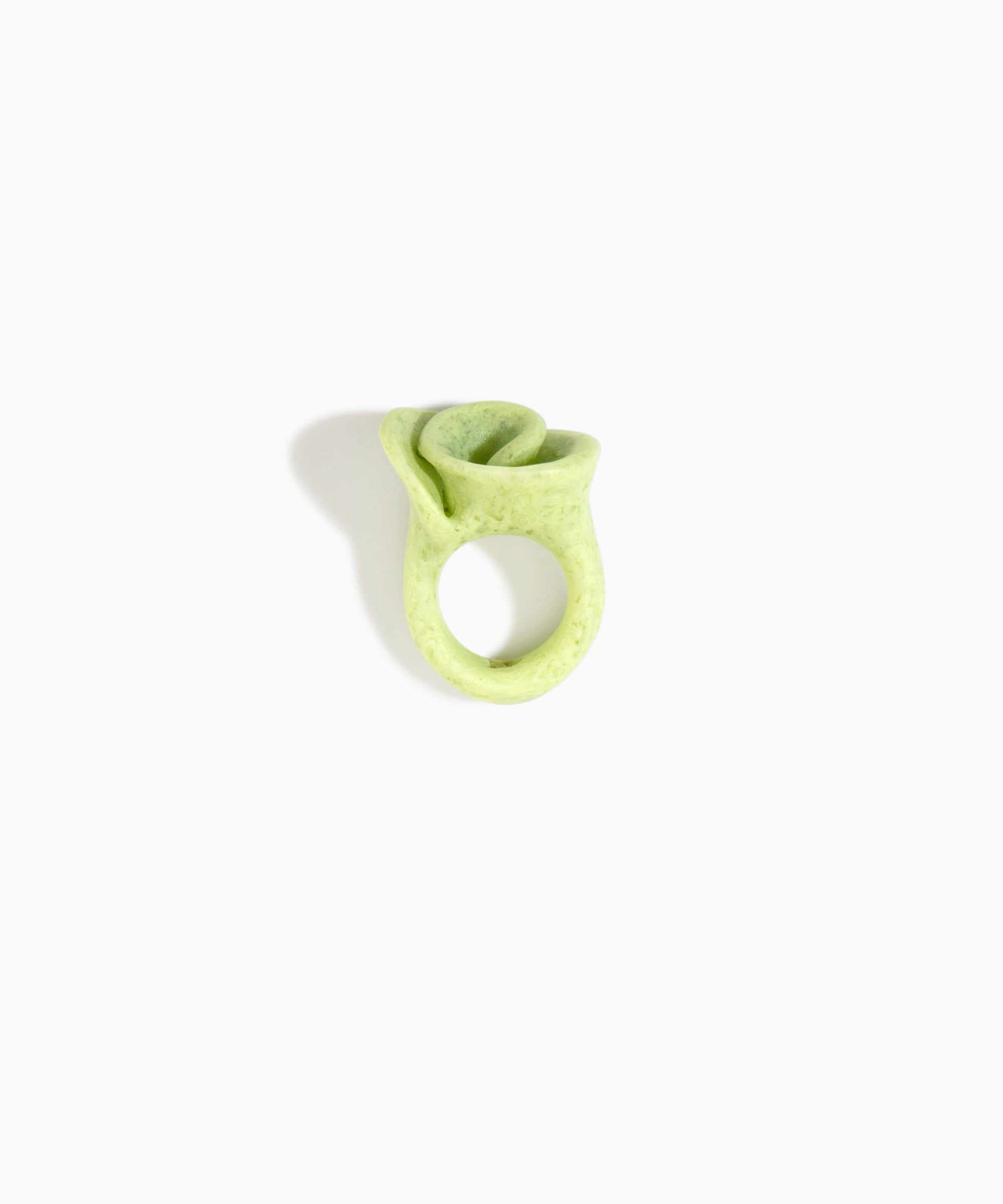 Dinosaur Designs Lily Ring in Pistachio — handcrafted marbled pastel green resin ring with sculptural swirled flower