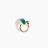 Dinosaur Designs Polished Lotus Ring in Turquoise with Brass — marbled teal blue resin elongated oval ring with  brass band and small brass ball detail