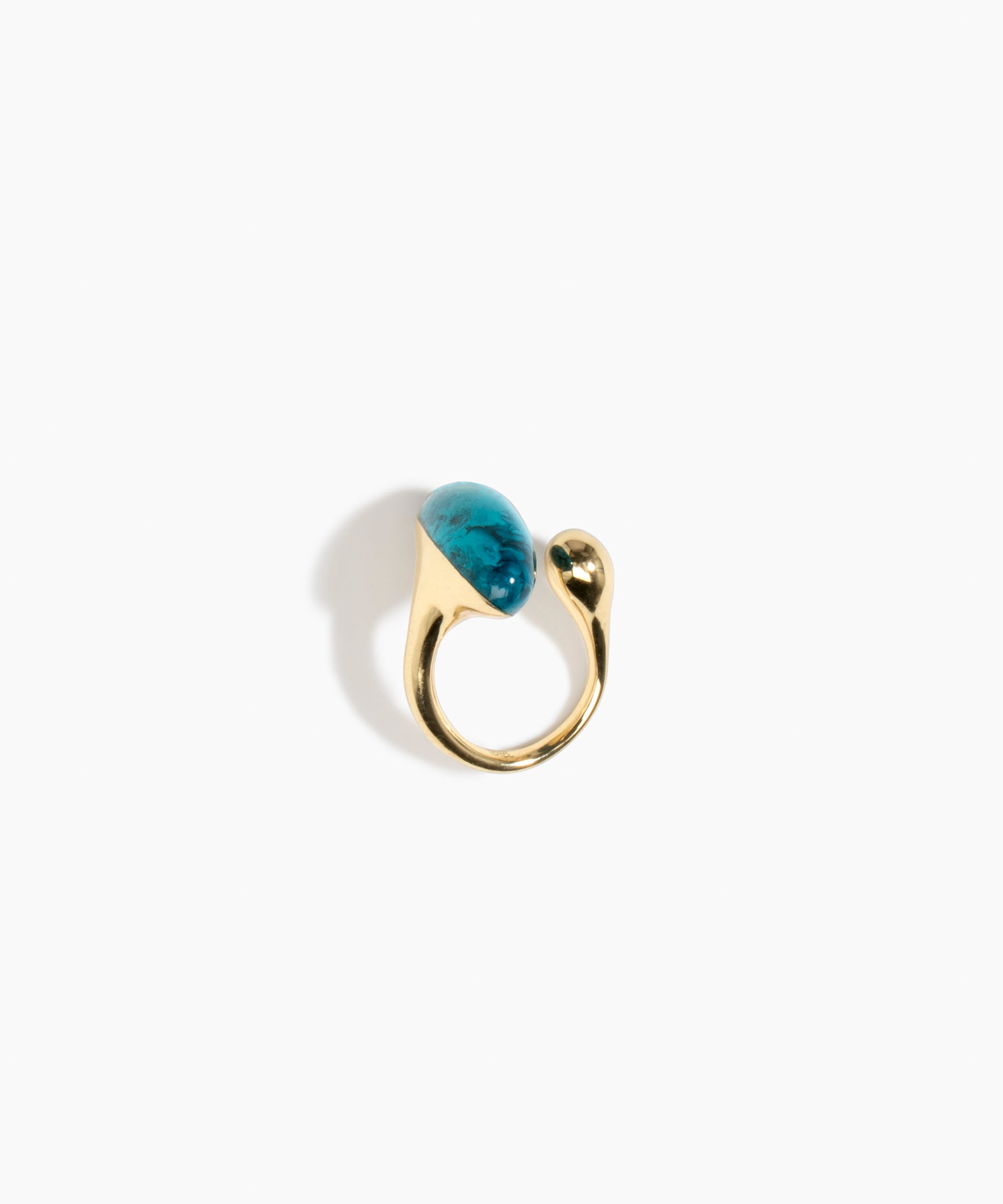 Dinosaur Designs Polished Lotus Ring in Turquoise with Brass — marbled teal blue resin elongated oval ring with  brass band and small brass ball detail