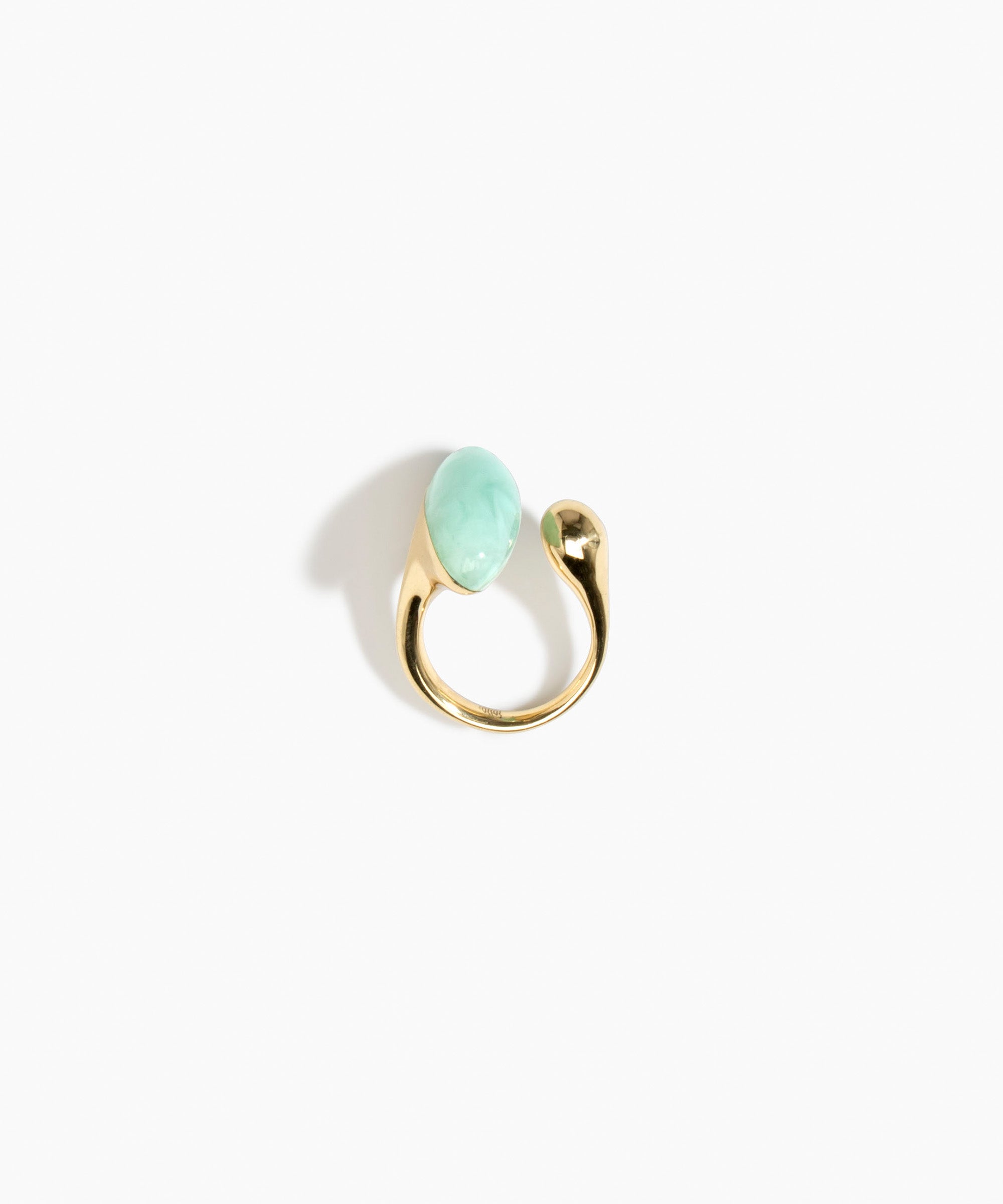 Dinosaur Designs Polished Lotus Ring in Mint with Brass — marbled mint blue resin elongated oval ring with  brass band and small brass ball detail