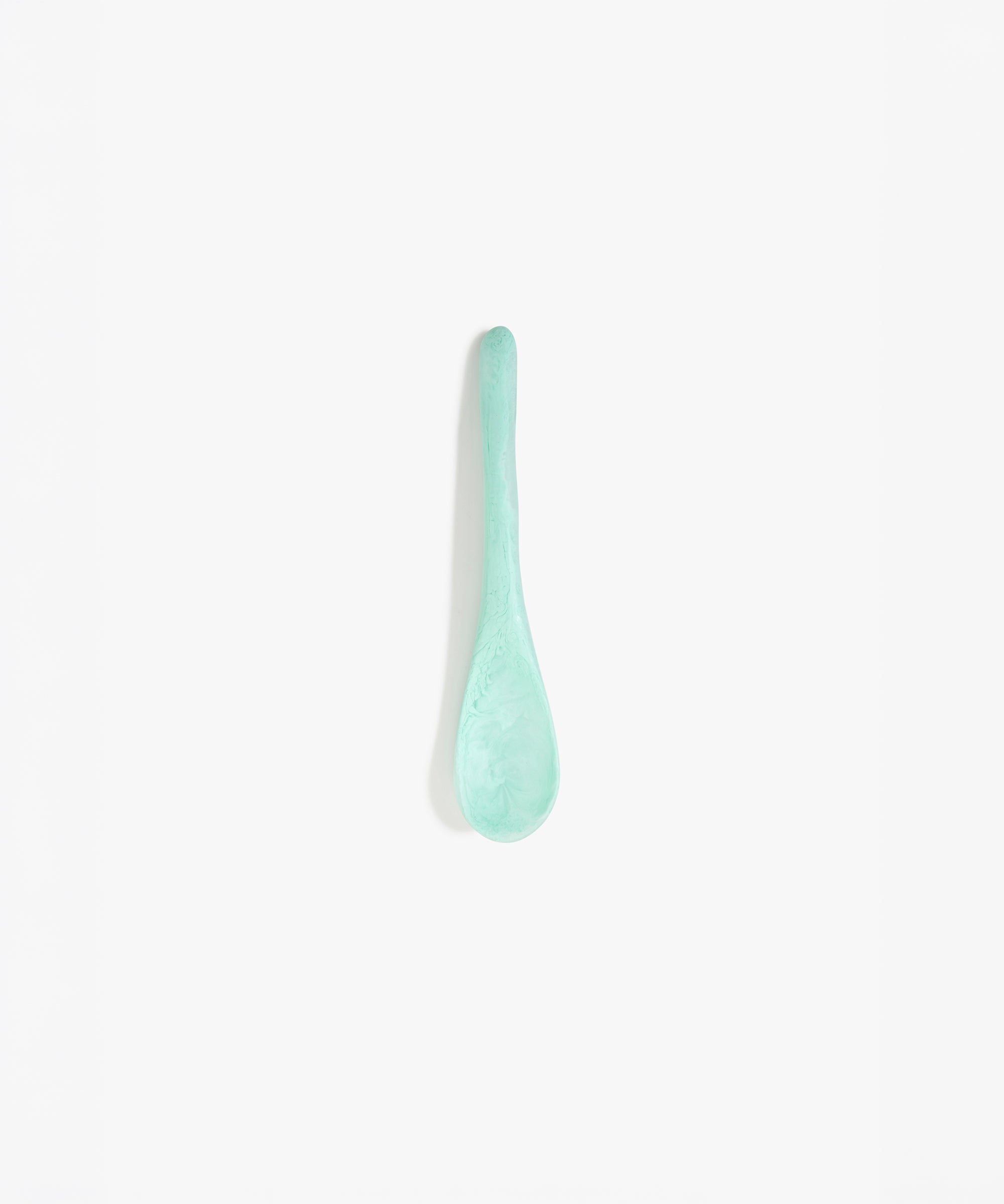Dinosaur Designs Medium Shell Spoon in Mint — handcrafted marbled mint blue resin spoon with slender tapered handle