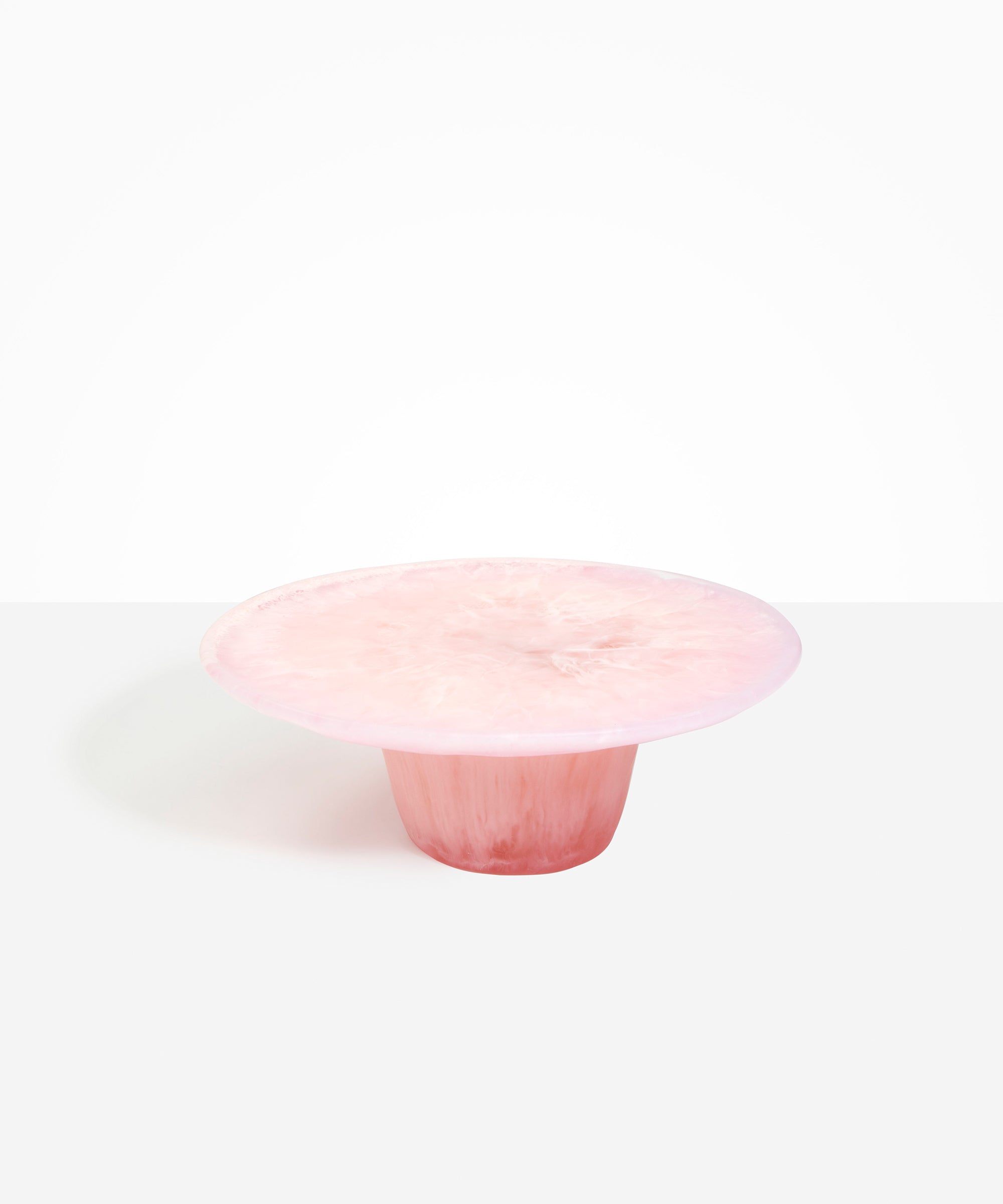 Dinosaur Designs Temple Cake Stand in Blossom — handcrafted marbled pink resin cake stand with wide flat platform and tapered pedestal base