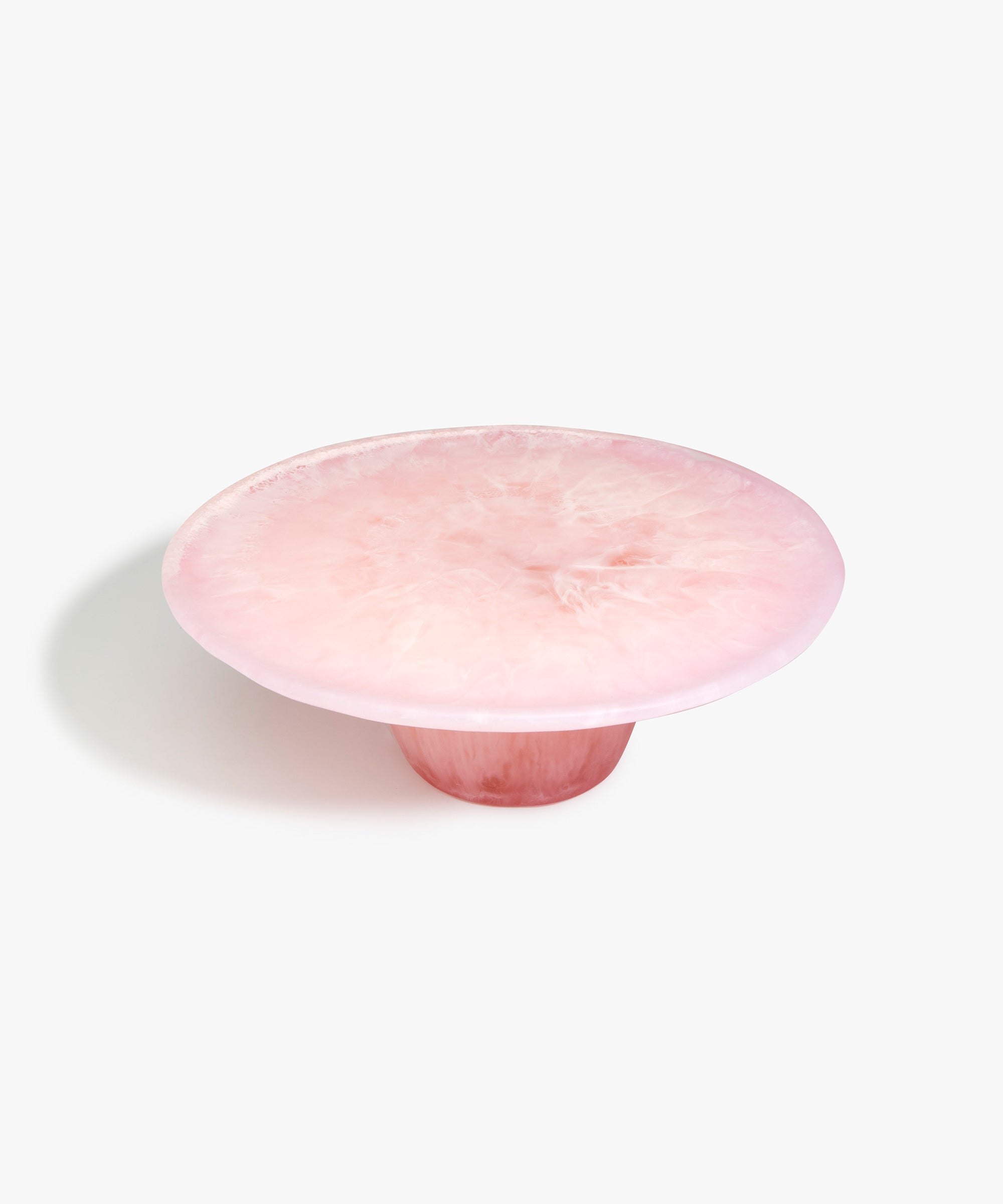 Dinosaur Designs Temple Cake Stand in Blossom — handcrafted marbled pink resin cake stand with wide flat platform and tapered pedestal base