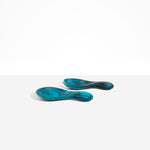 Dinosaur Designs Rock Servers in Turquoise — handcrafted marbled teal blue resin salad server set with rounded bulb handles, fork and spoon.