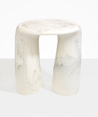 Dinosaur Designs Rock Tower Table in Chalk Swirl — handcrafted marbled off white and clear resin side table with oval top and two chunky rounded legs..