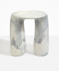 Dinosaur Designs Rock Tower Table in Cloud — handcrafted marbled grey and cream resin side table with oval top and two chunky rounded legs..