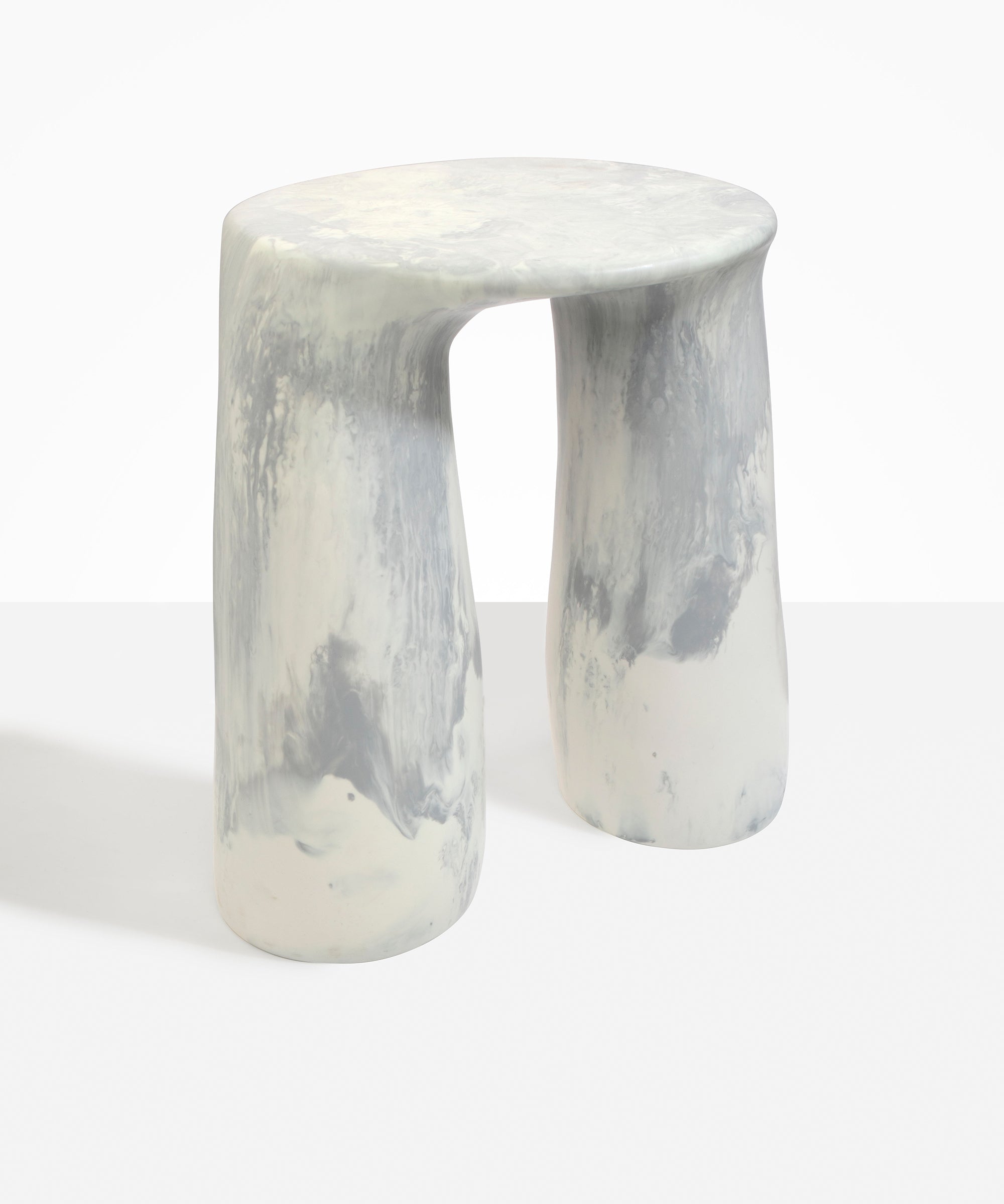 Dinosaur Designs Rock Tower Table in Cloud — handcrafted marbled grey and cream resin side table with oval top and two chunky rounded legs