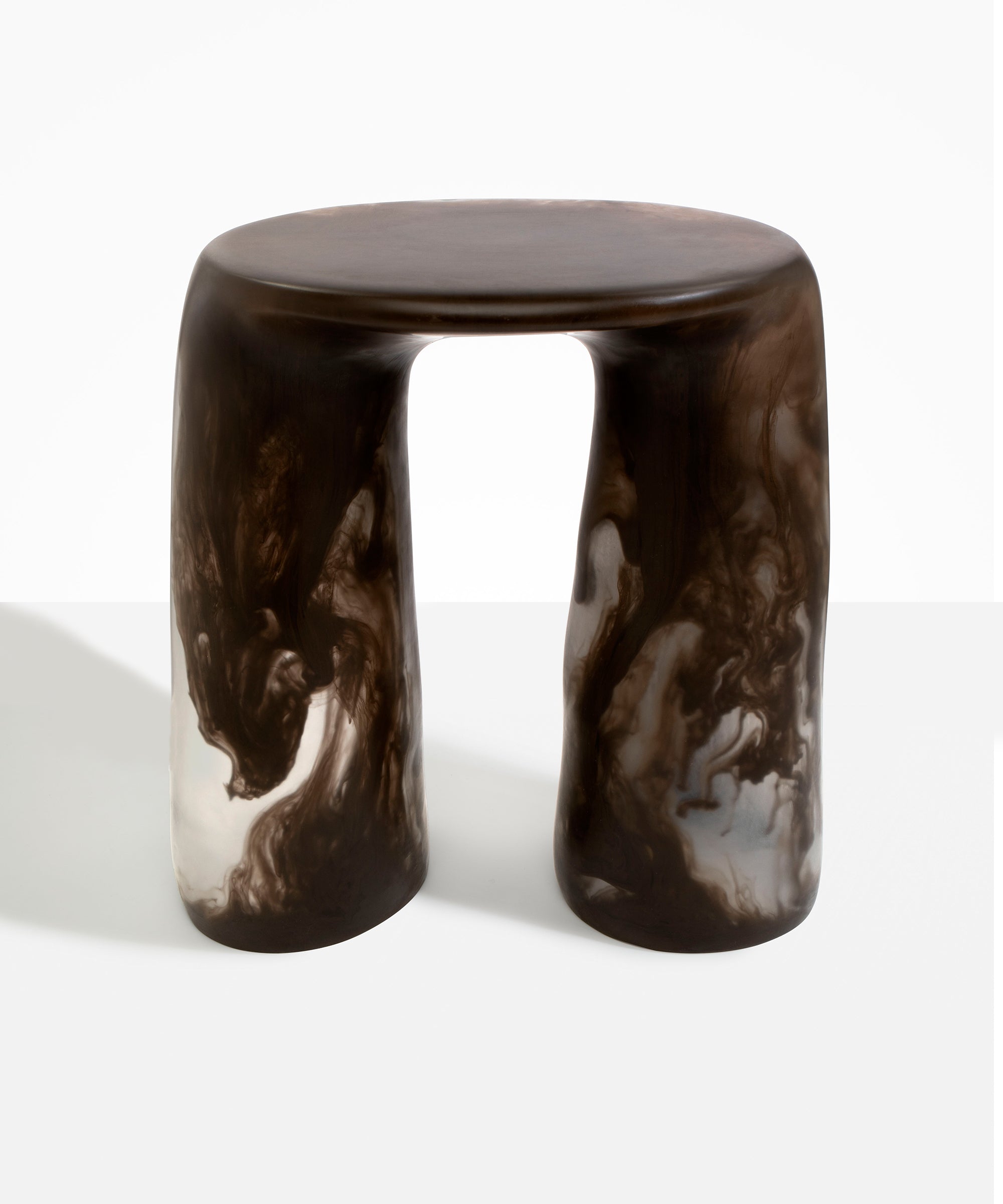 Dinosaur Designs  Rock Tower Table in Cocoa — handcrafted marbled brown and clear resin side table with oval top and two chunky rounded legs