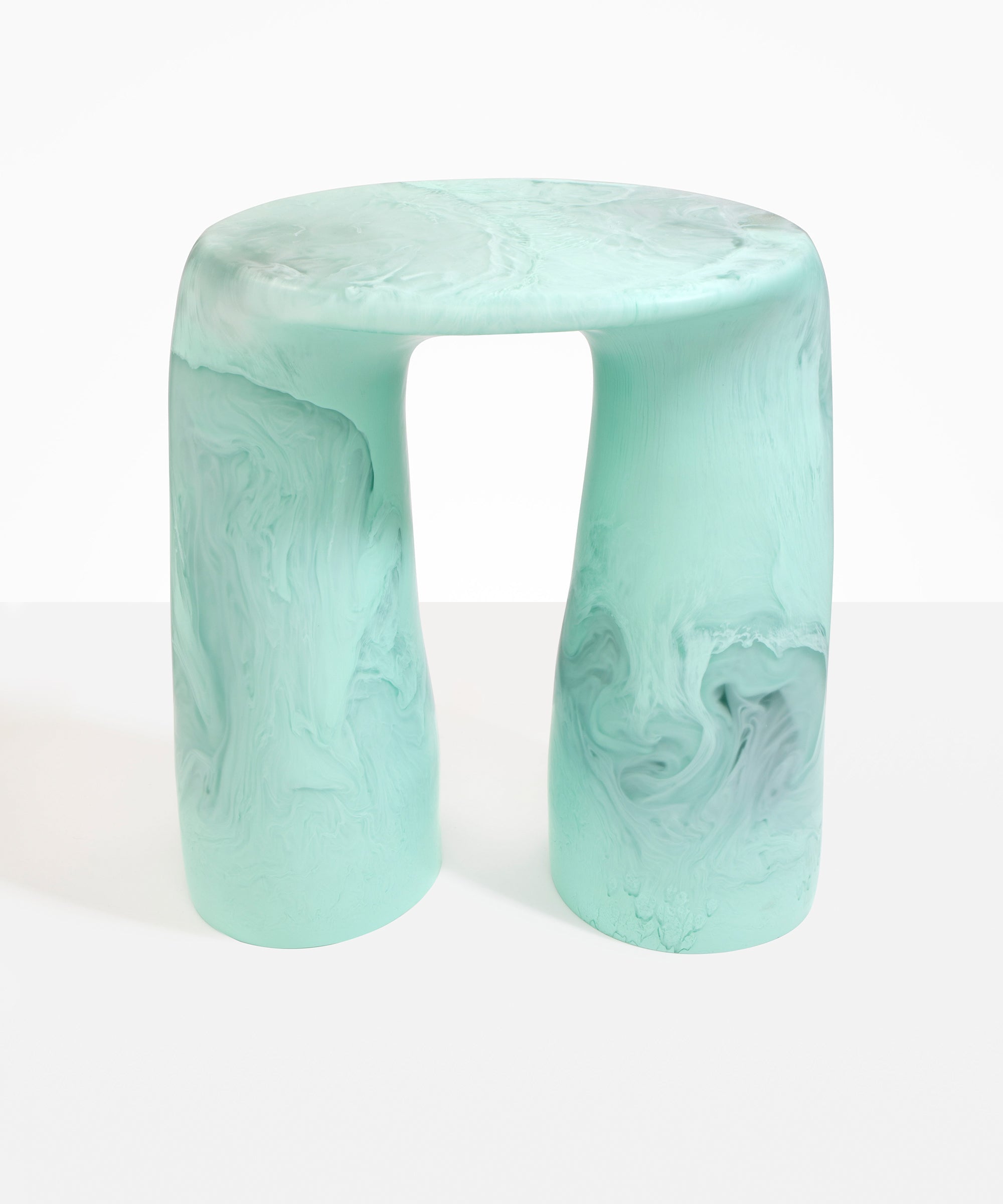 Dinosaur Designs  Rock Tower Table in Mint — handcrafted marbled green blue resin side table with oval top and two chunky rounded legs