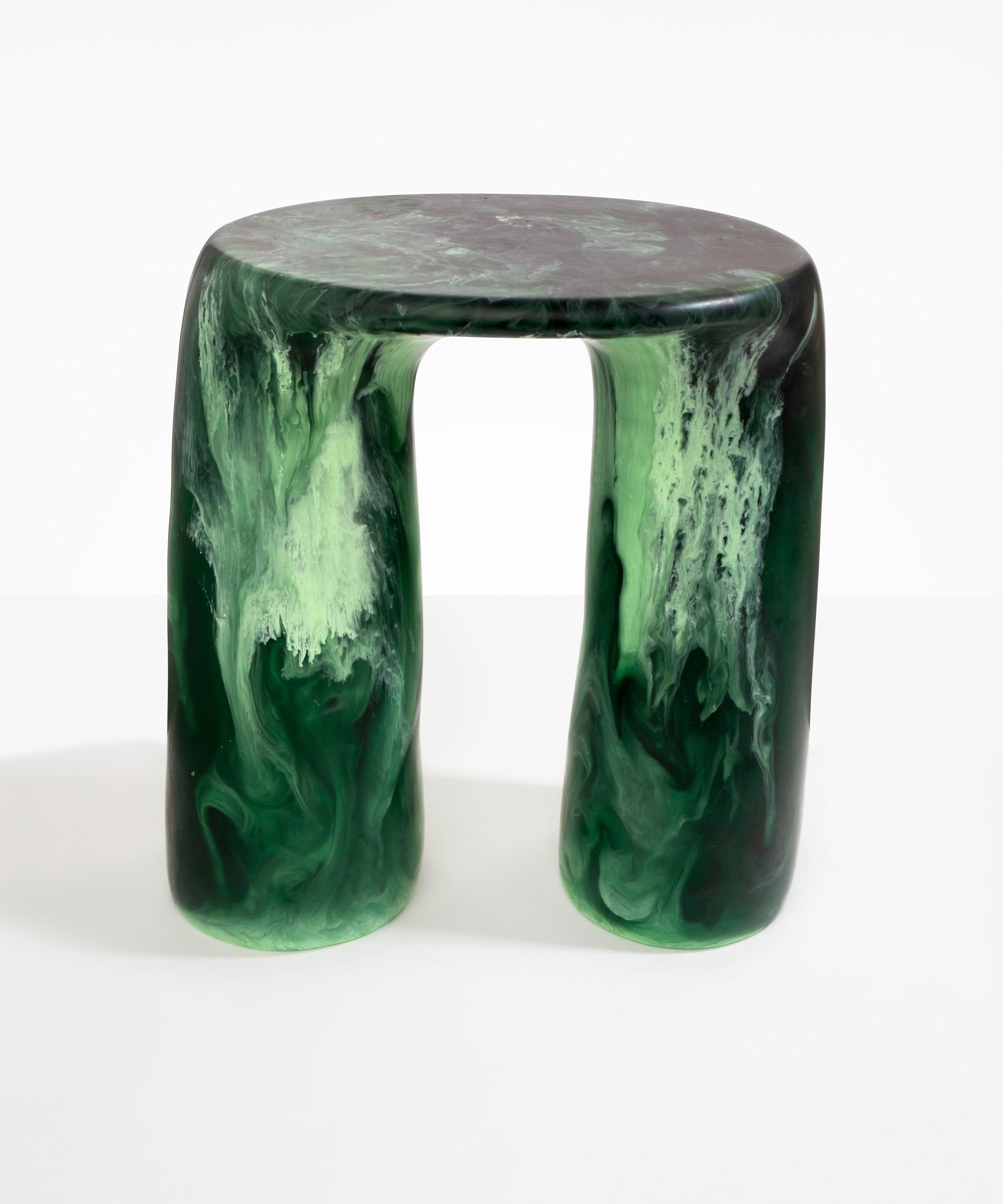 Dinosaur Designs  Rock Tower Table in Moss — handcrafted marbled green resin side table with oval top and two chunky rounded legs