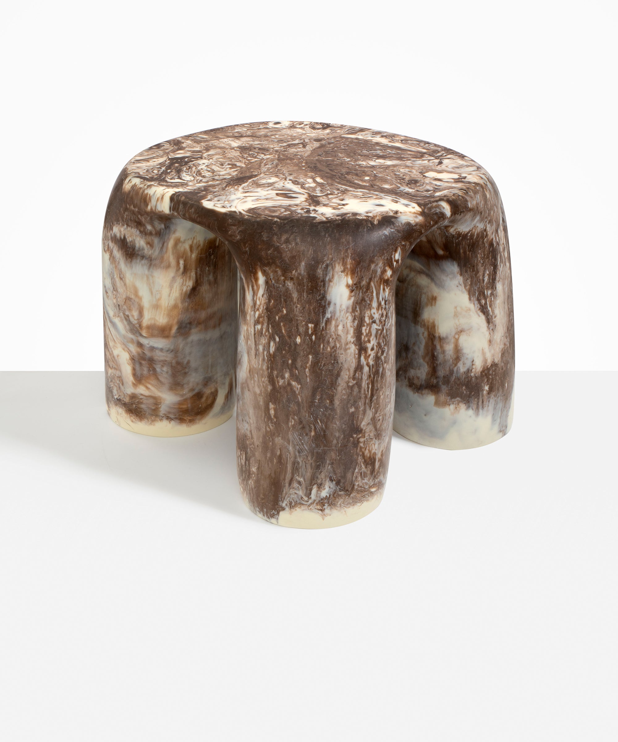 Dinosaur Designs 4-Leg Rock Tower Table in Cappuccino — handcrafted marbled brown and cream resin side table with square top and four chunky rounded legs