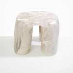Dinosaur Designs 4-Leg Rock Tower Table in Chalk Swirl — handcrafted marbled off white and clear resin side table with square top and four chunky rounded legs