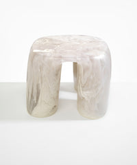 Dinosaur Designs 4-Leg Rock Tower Table in Chalk Swirl — handcrafted marbled off white and clear resin side table with square top and four chunky rounded legs..