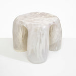 Dinosaur Designs 4-Leg Rock Tower Table in Chalk Swirl — handcrafted marbled off white and clear resin side table with square top and four chunky rounded legs
