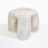 Dinosaur Designs 4-Leg Rock Tower Table in Chalk Swirl — handcrafted marbled off white and clear resin side table with square top and four chunky rounded legs