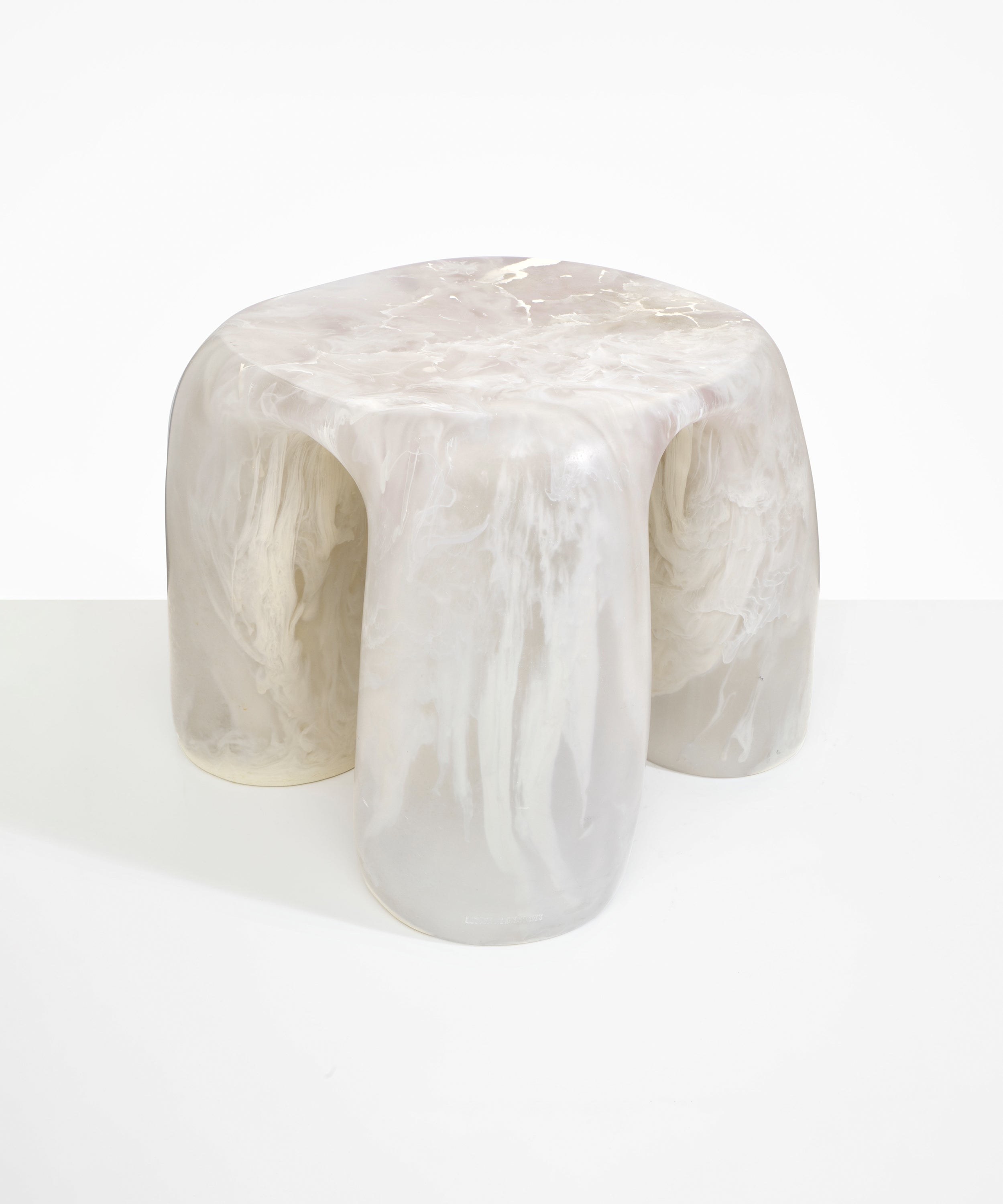 Dinosaur Designs 4-Leg Rock Tower Table in Chalk Swirl — handcrafted marbled off white and clear resin side table with square top and four chunky rounded legs