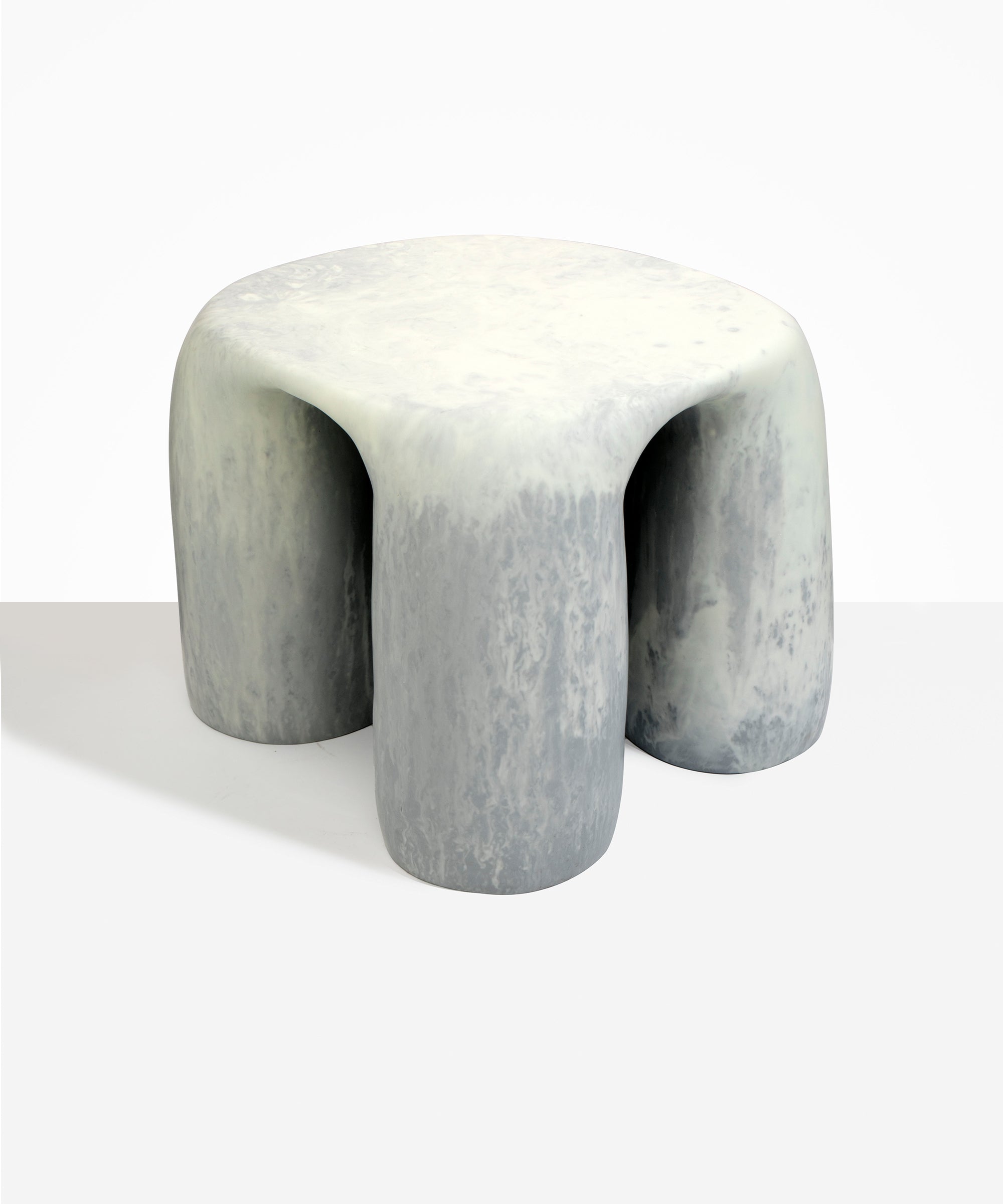 Dinosaur Designs 4-Leg Rock Tower Table in Cloud — handcrafted marbled grey and cream resin side table with square top and four chunky rounded legs