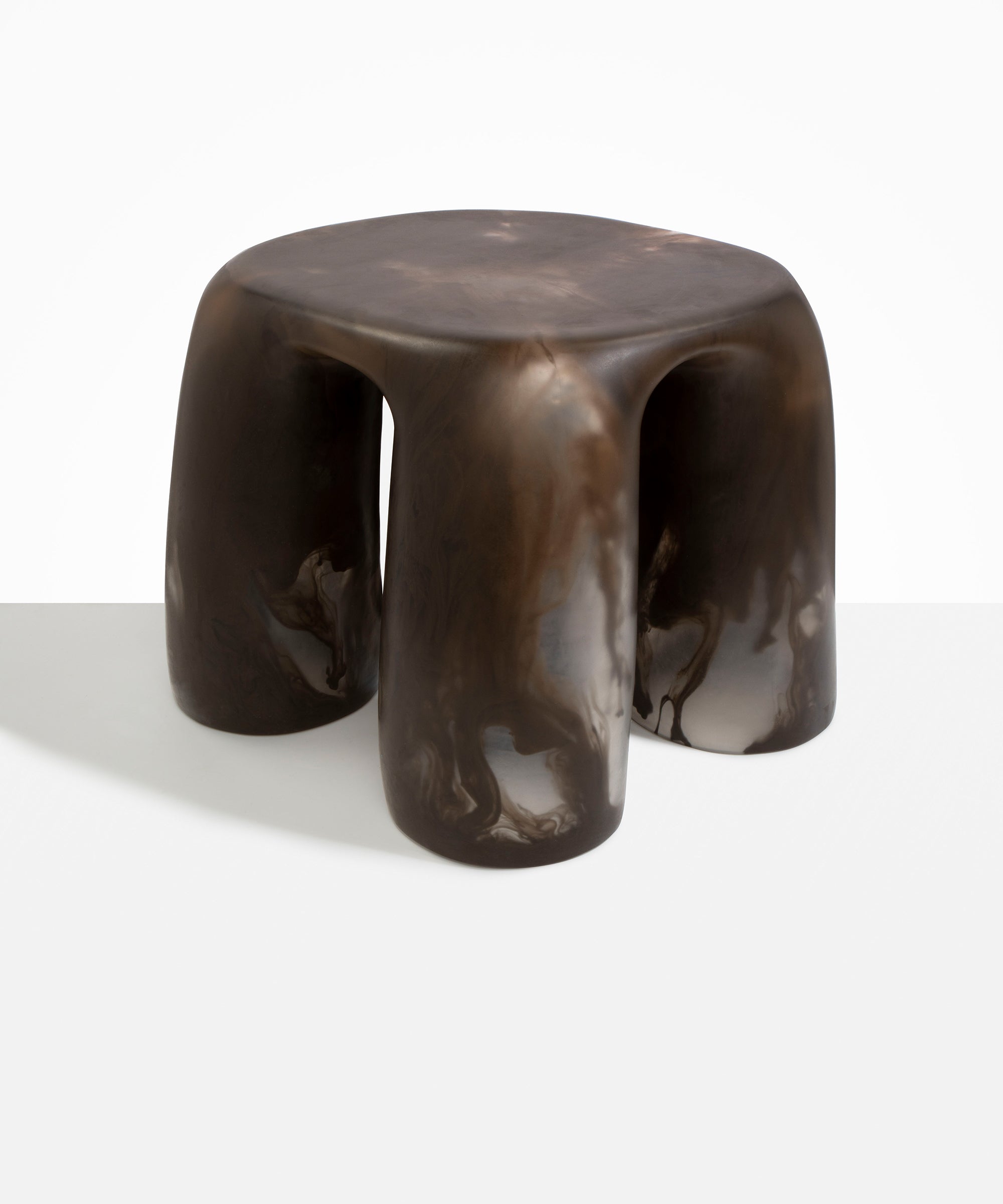 Dinosaur Designs 4-Leg Rock Tower Table in Cocoa — handcrafted marbled brown and clear resin side table with square top and four chunky rounded legs