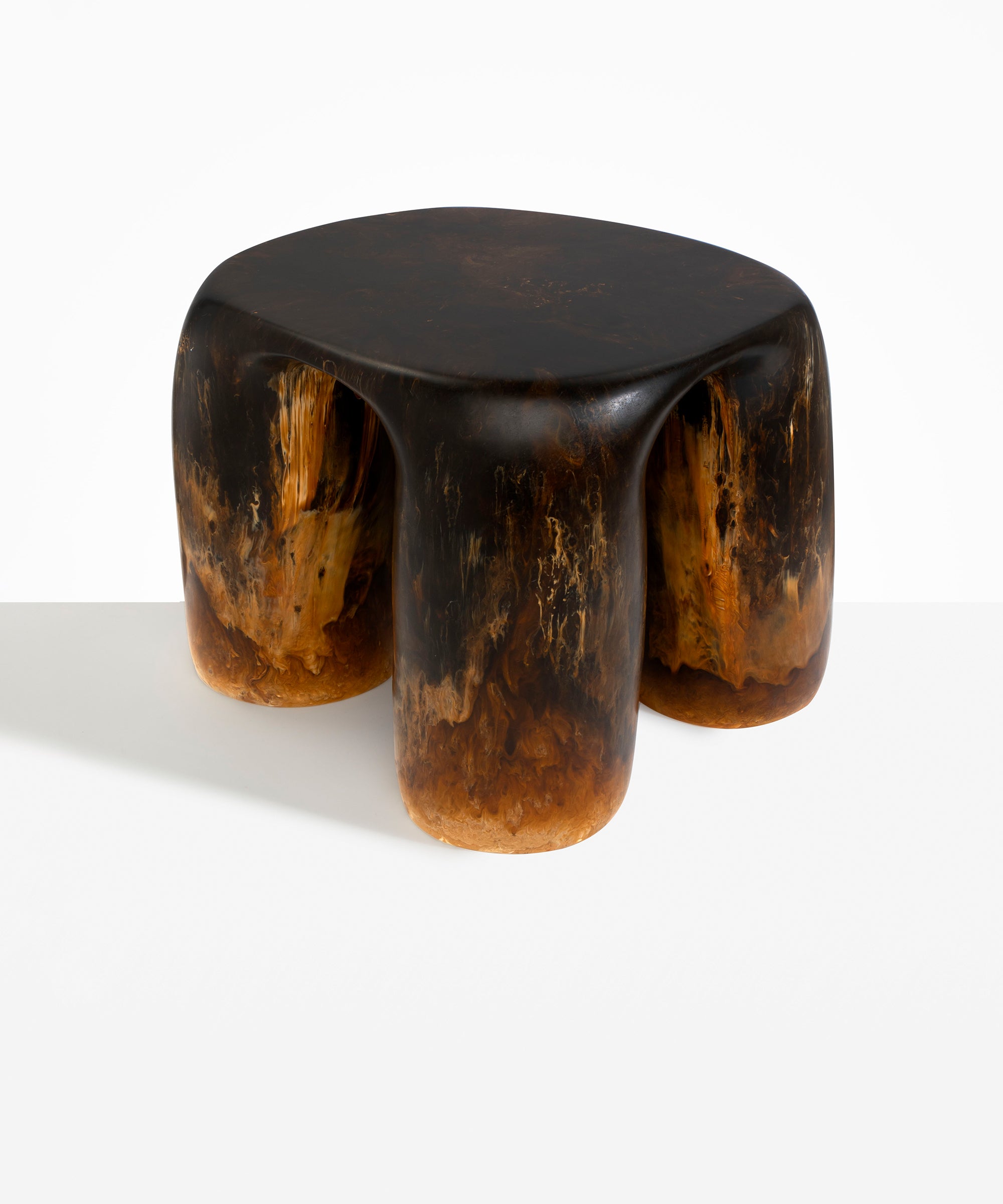 Dinosaur Designs 4-Leg Rock Tower Table in Dark Horn — handcrafted marbled brown, black and gold resin side table with square top and four chunky rounded legs