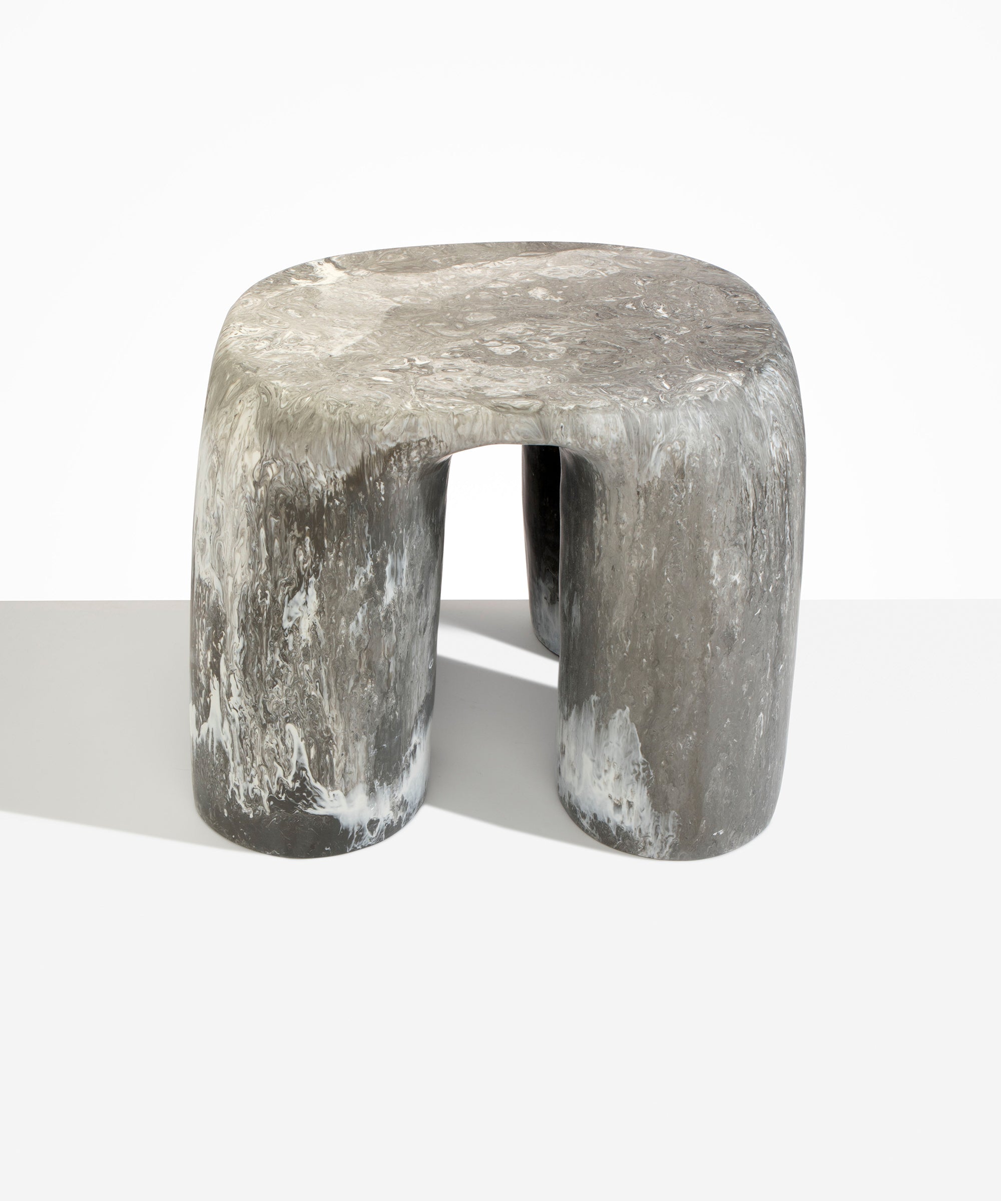 Dinosaur Designs 4-Leg Rock Tower Table in Granite — handcrafted marbled grey and white resin side table with square top and four chunky rounded legs