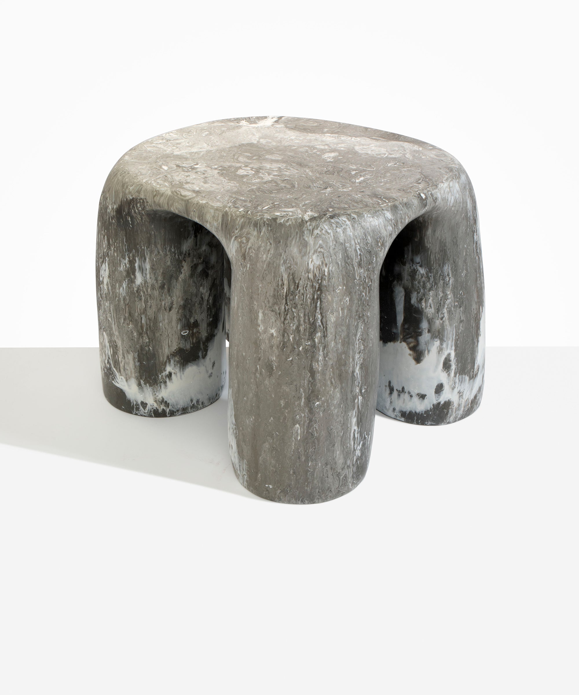 Dinosaur Designs 4-Leg Rock Tower Table in Granite — handcrafted marbled grey and white resin side table with square top and four chunky rounded legs