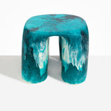 Dinosaur Designs 4-Leg Rock Tower Table in Lagoon — handcrafted marbled blue and cream resin side table with square top and four chunky rounded legs