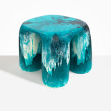 Dinosaur Designs 4-Leg Rock Tower Table in Lagoon — handcrafted marbled blue and cream resin side table with square top and four chunky rounded legs