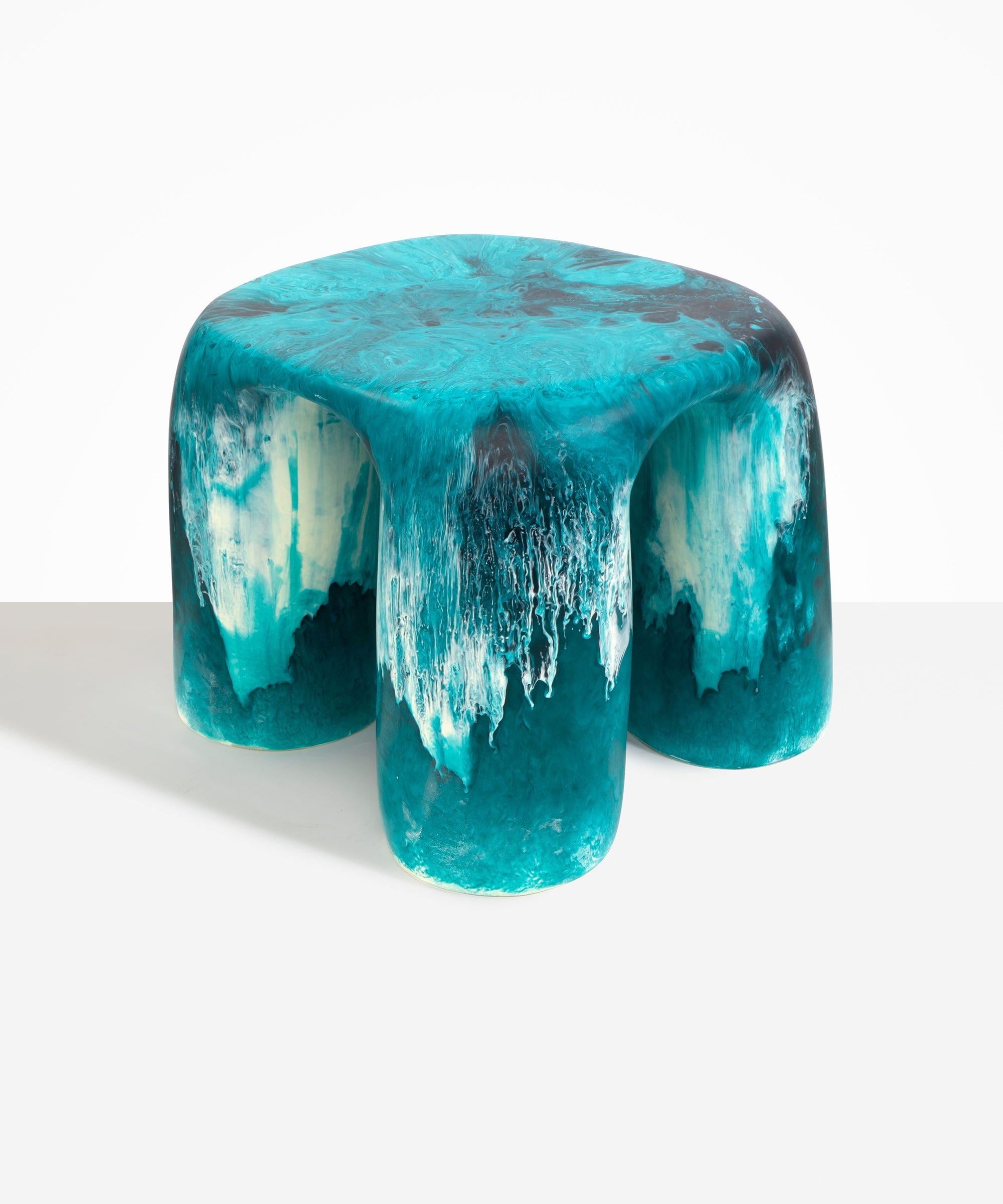 Dinosaur Designs 4-Leg Rock Tower Table in Lagoon — handcrafted marbled blue and cream resin side table with square top and four chunky rounded legs