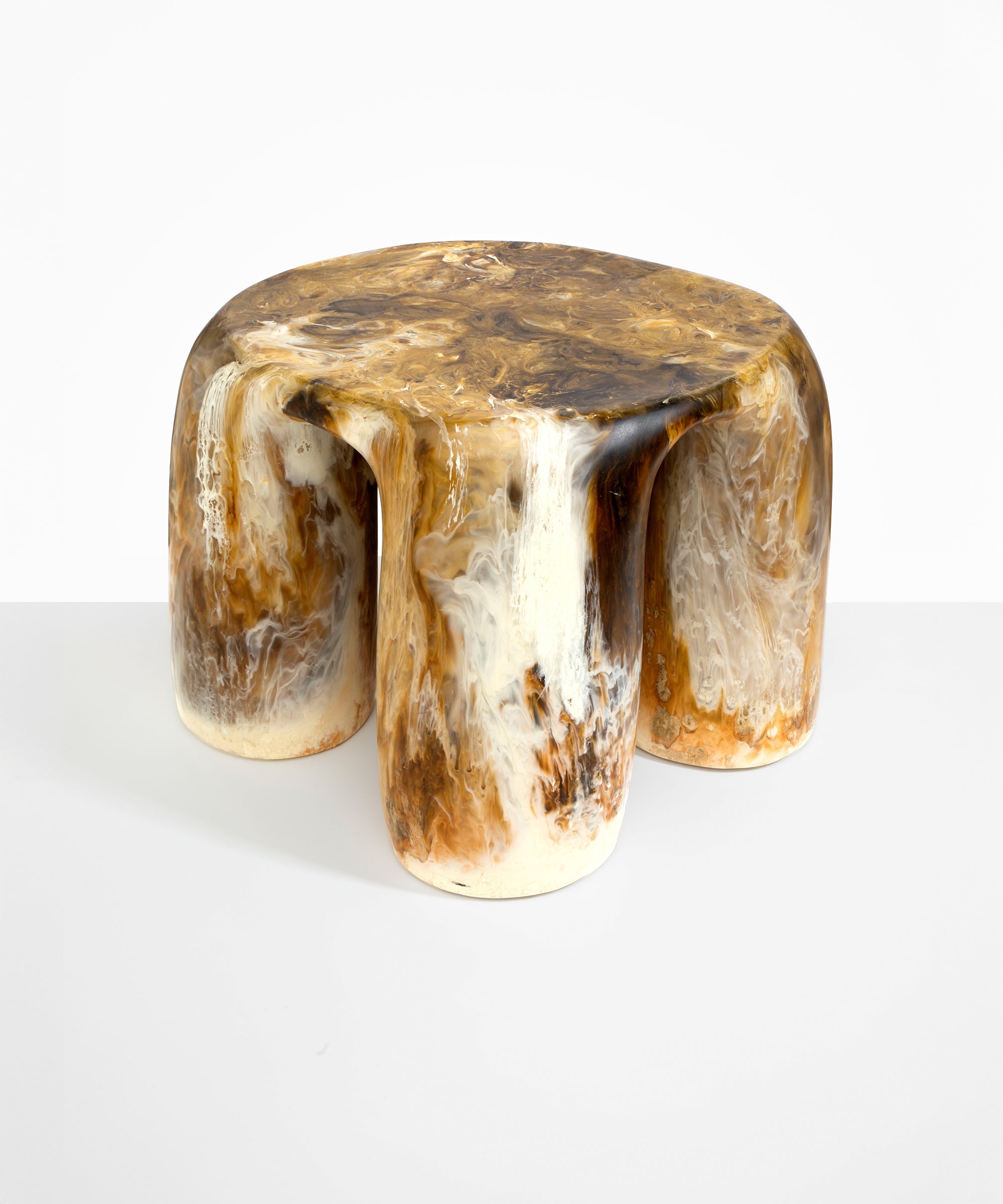 Dinosaur Designs 4-Leg Rock Tower Table in Light Horn — handcrafted marbled brown, cream and clear resin side table with square top and four chunky rounded legs