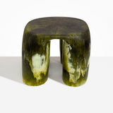 Dinosaur Designs 4-Leg Rock Tower Table in Malachite — handcrafted marbled green and blue resin side table with square top and four chunky rounded legs
