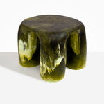 Dinosaur Designs 4-Leg Rock Tower Table in Malachite — handcrafted marbled green and blue resin side table with square top and four chunky rounded legs