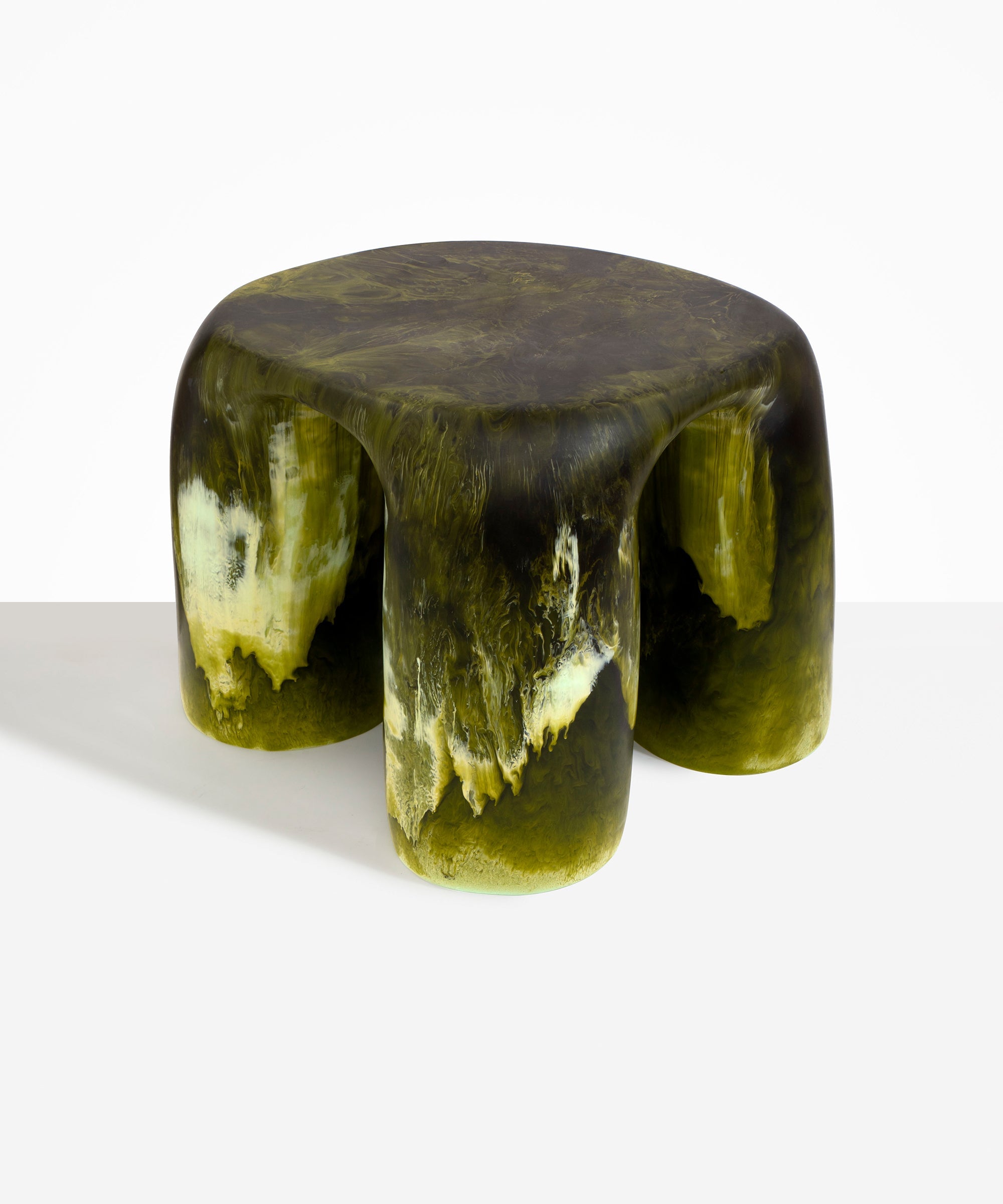 Dinosaur Designs 4-Leg Rock Tower Table in Malachite — handcrafted marbled green and blue resin side table with square top and four chunky rounded legs