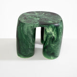 Dinosaur Designs 4-Leg Rock Tower Table in Moss — handcrafted marbled green resin side table with square top and four chunky rounded legs