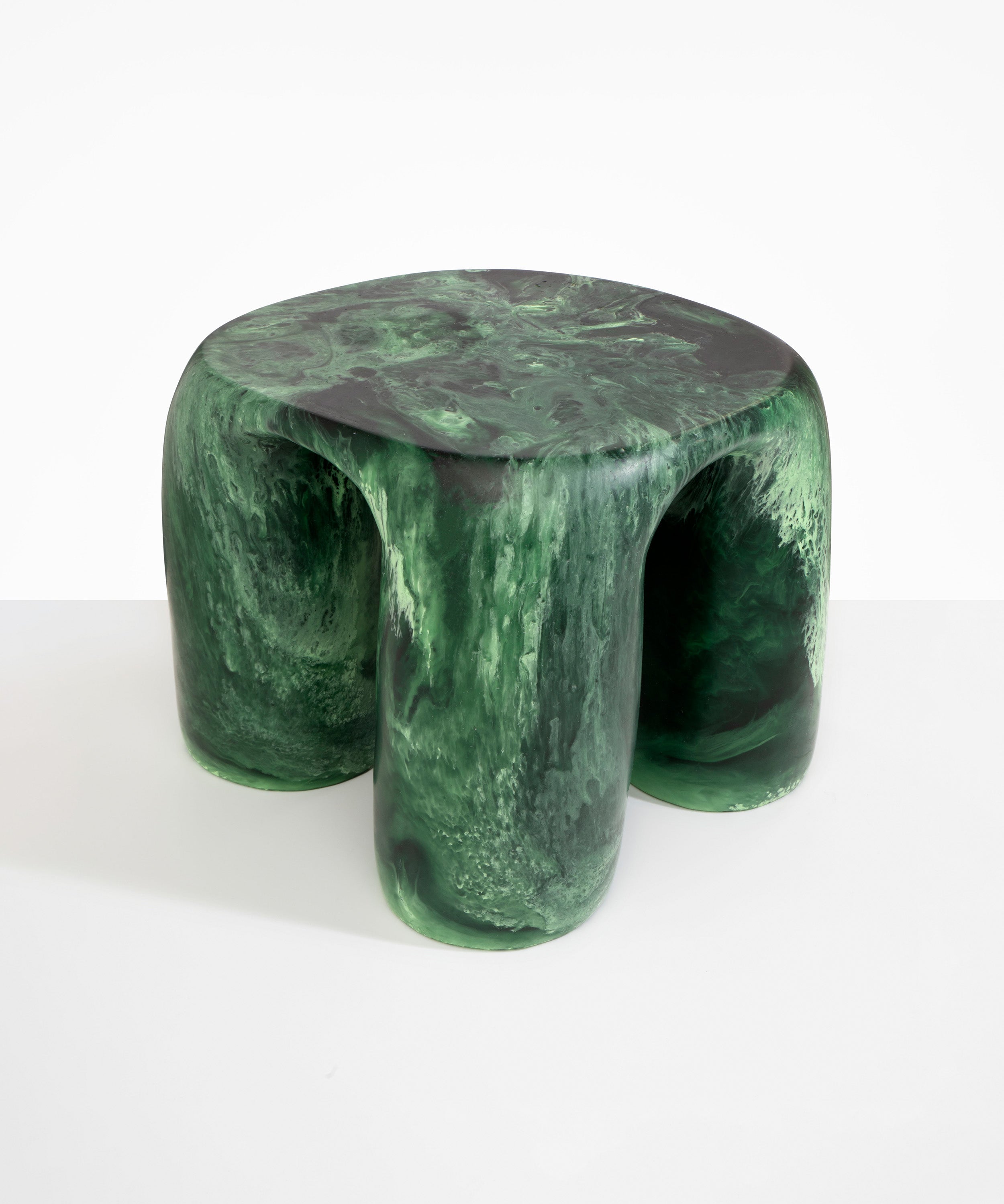 Dinosaur Designs 4-Leg Rock Tower Table in Moss — handcrafted marbled green resin side table with square top and four chunky rounded legs..