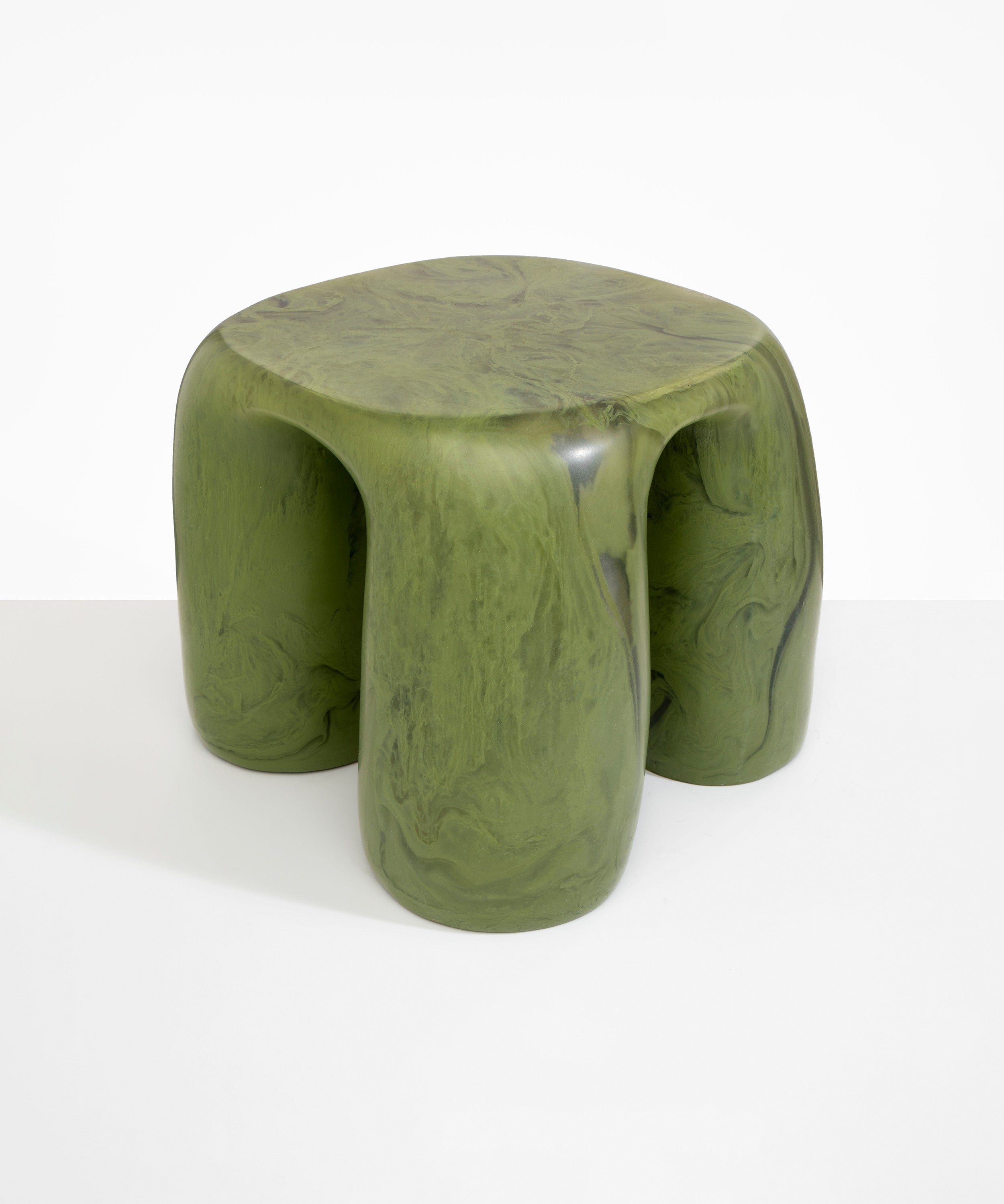 Dinosaur Designs 4-Leg Rock Tower Table in Olive — handcrafted marbled green resin side table with square top and four chunky rounded legs