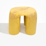 Dinosaur Designs 4-Leg Rock Tower Table in Pollen — handcrafted marbled yellow and clear resin side table with square top and four chunky rounded legs