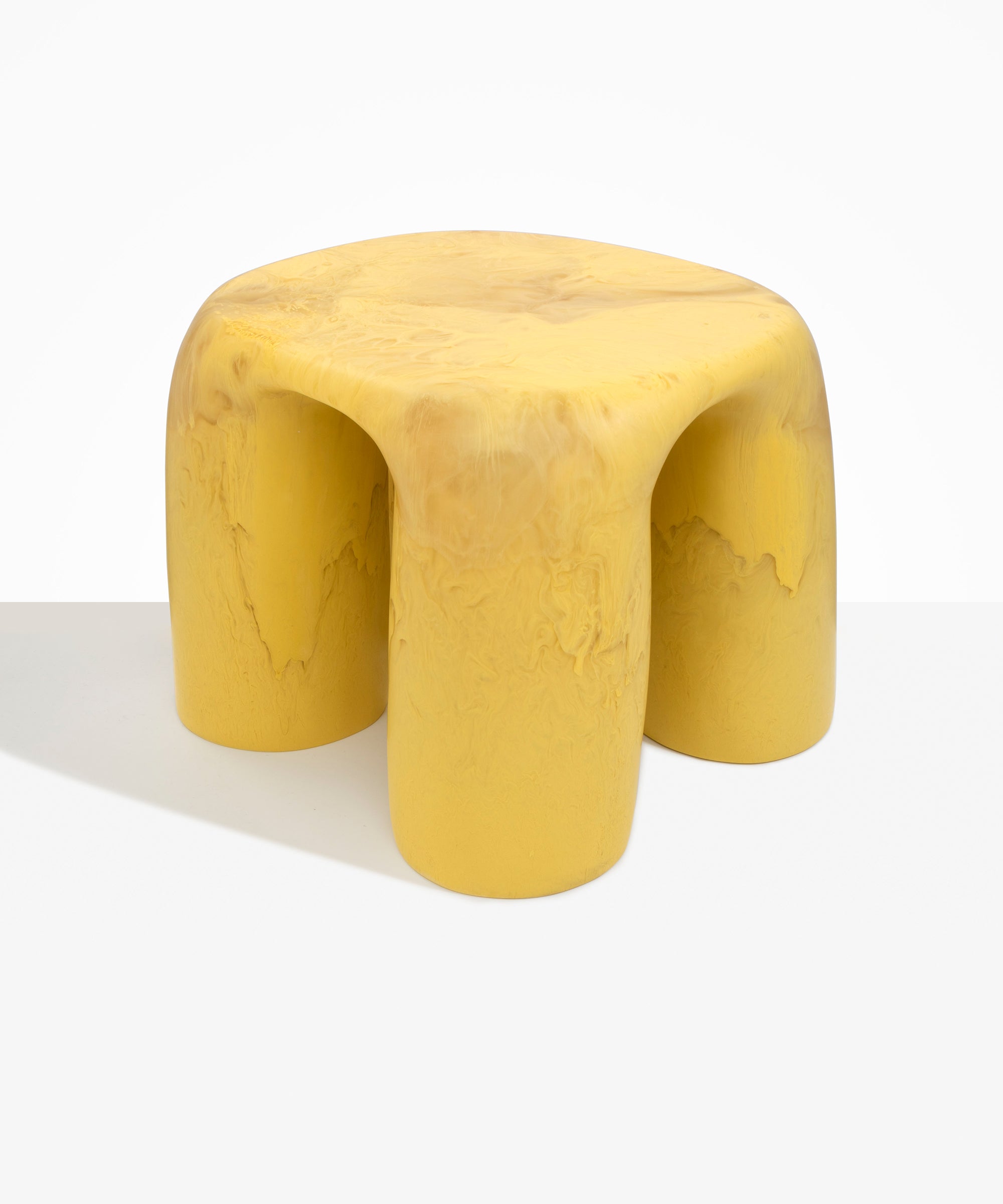 Dinosaur Designs 4-Leg Rock Tower Table in Pollen — handcrafted marbled yellow and clear resin side table with square top and four chunky rounded legs