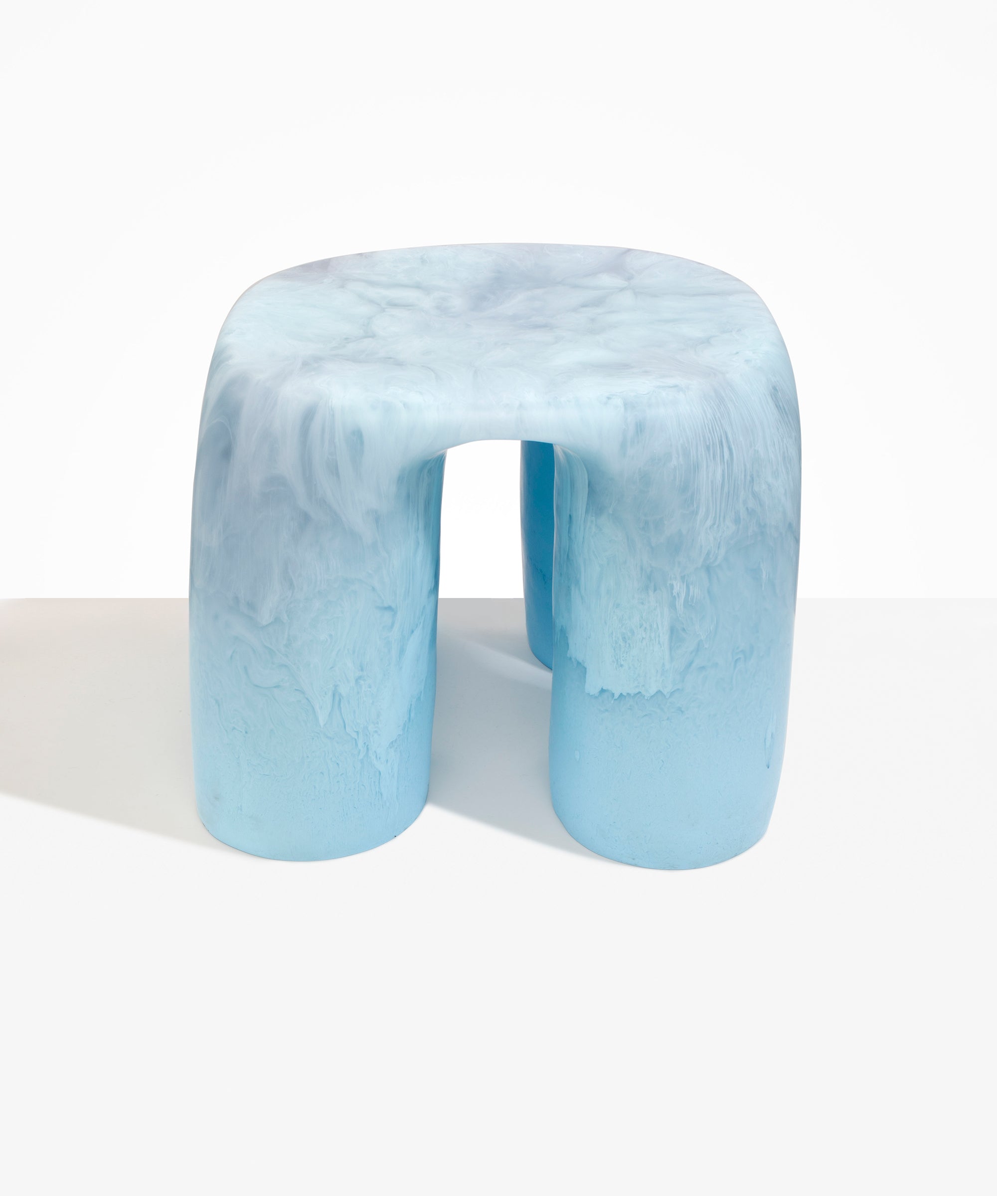 Dinosaur Designs 4-Leg Rock Tower Table in Pollen — handcrafted marbled yellow and clear resin side table with square top and four chunky rounded legs.