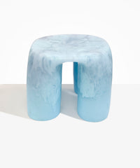 Dinosaur Designs 4-Leg Rock Tower Table in Pool — handcrafted marbled blue and clear resin side table with square top and four chunky rounded legs..