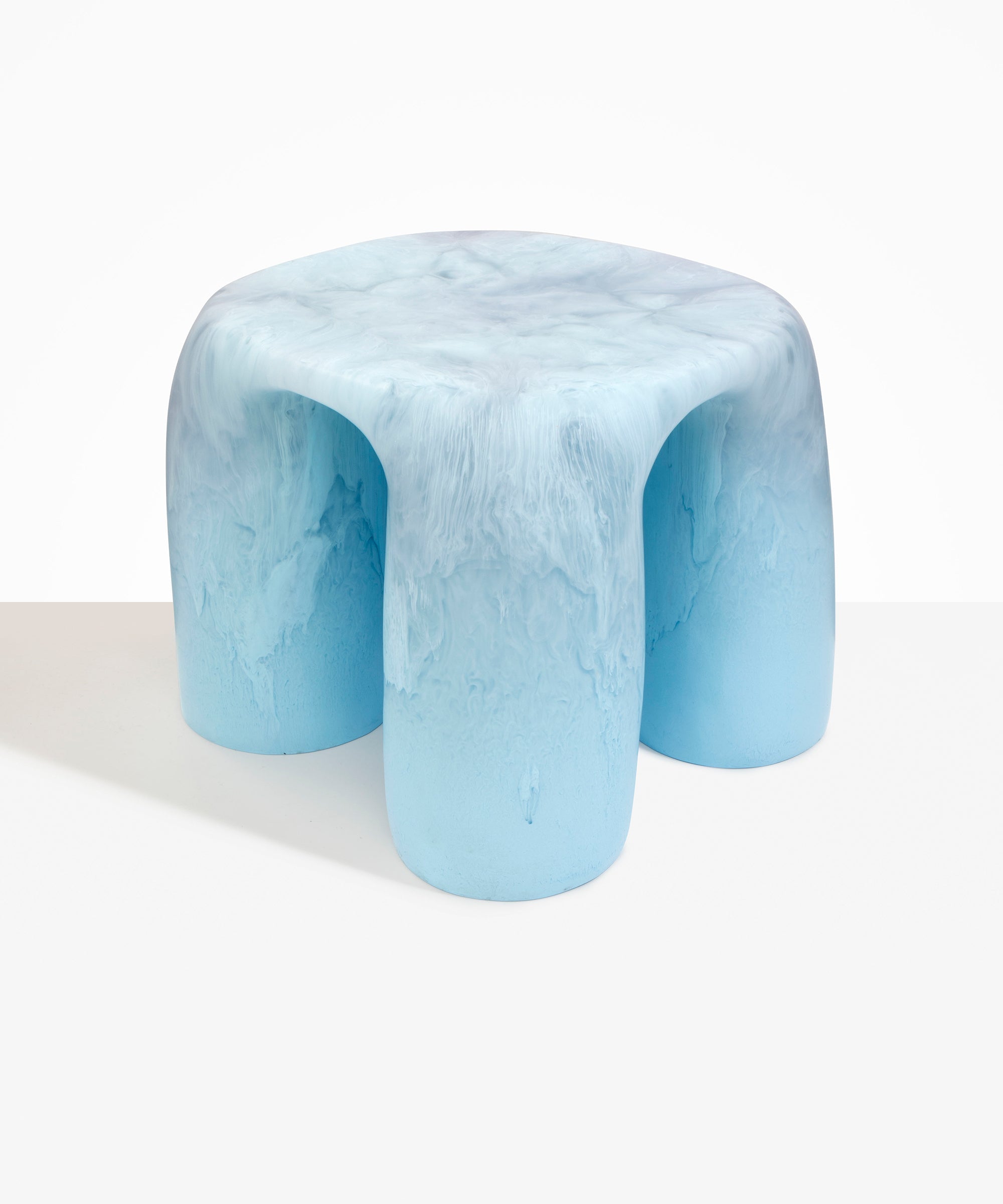 Dinosaur Designs 4-Leg Rock Tower Table in Pool — handcrafted marbled blue and clear resin side table with square top and four chunky rounded legs