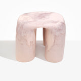 Dinosaur Designs 4-Leg Rock Tower Table in Rose Swirl — handcrafted marbled pink resin side table with square top and four chunky rounded legs