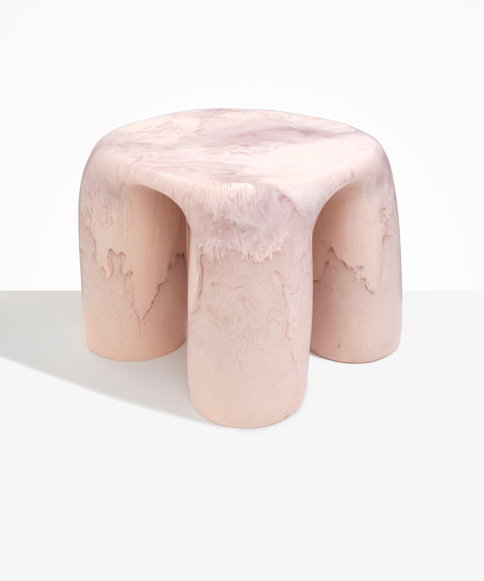 Dinosaur Designs 4-Leg Rock Tower Table in Cocoa — handcrafted marbled brown and clear resin side table with square top and four chunky rounded legs.