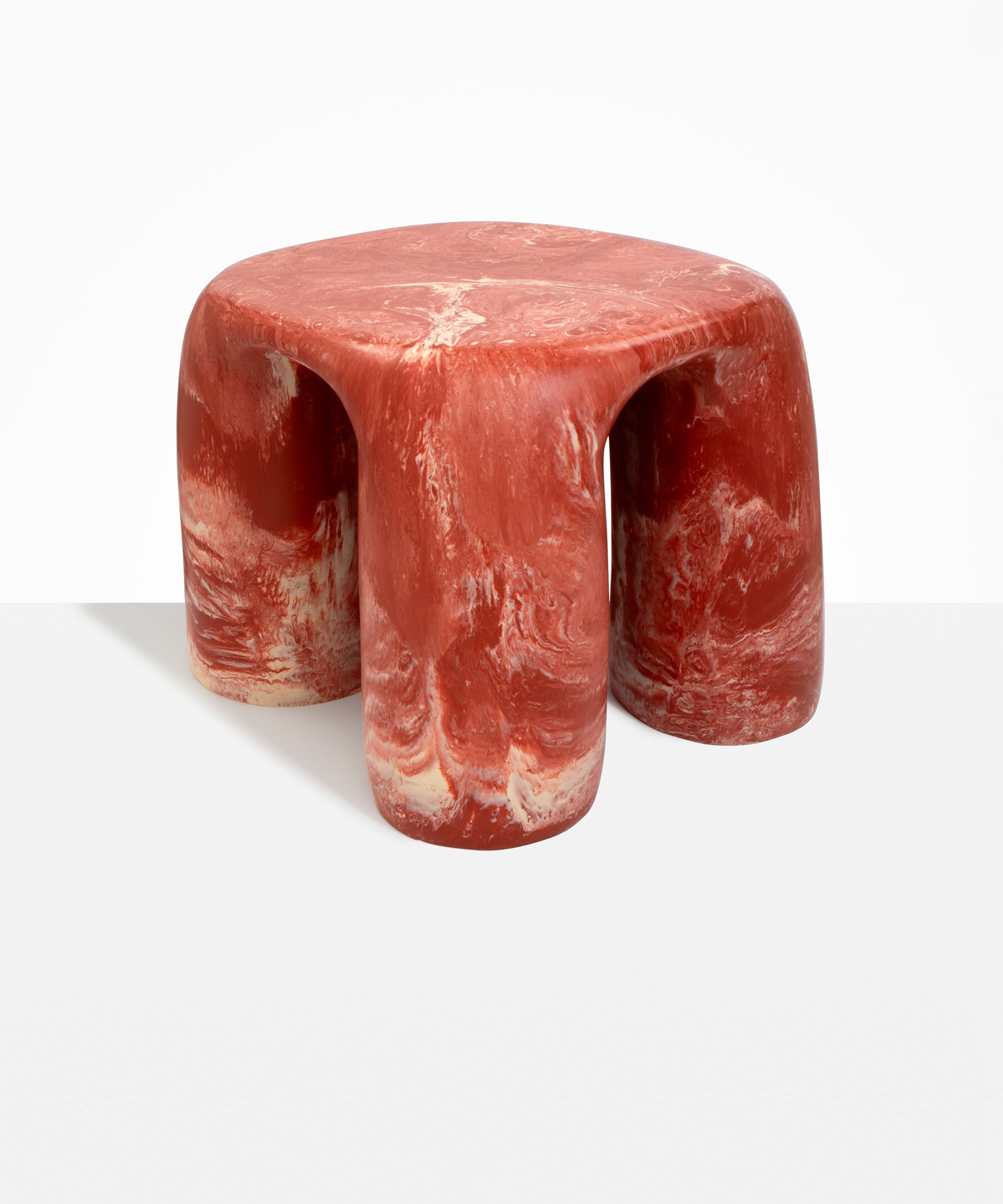 Dinosaur Designs 4-Leg Rock Tower Table in Rust — handcrafted marbled terracotta red and cream resin side table with square top and four chunky rounded legs.