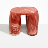 Dinosaur Designs 4-Leg Rock Tower Table in Rust — handcrafted marbled terracotta red and cream resin side table with square top and four chunky rounded legs.